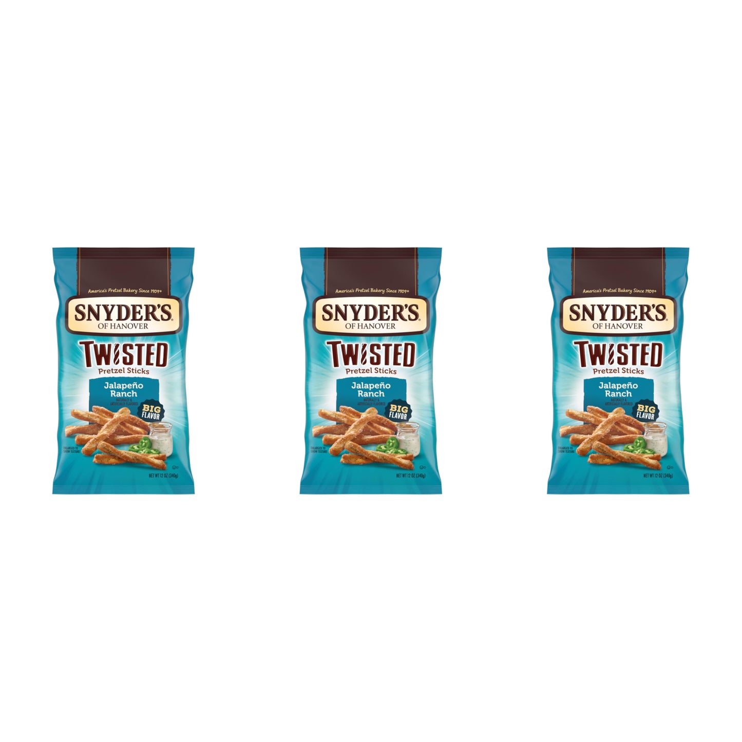 Snyders of Hanover Jalapeo Ranch Flavored Twisted Pretzel Sticks, 12 Oz Bag (Pack of 3)
