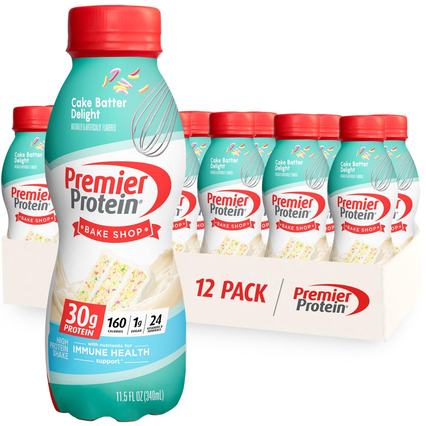 Premier Protein Shake, Cake Batter, 30g Protein, 1g Sugar, 24 Vitamins & Minerals, Nutrients to Support Immune Health, 11.5 Fl O
