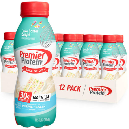 Premier Protein Shake, Cake Batter, 30g Protein, 1g Sugar, 24 Vitamins & Minerals, Nutrients to Support Immune Health, 11.5 Fl O
