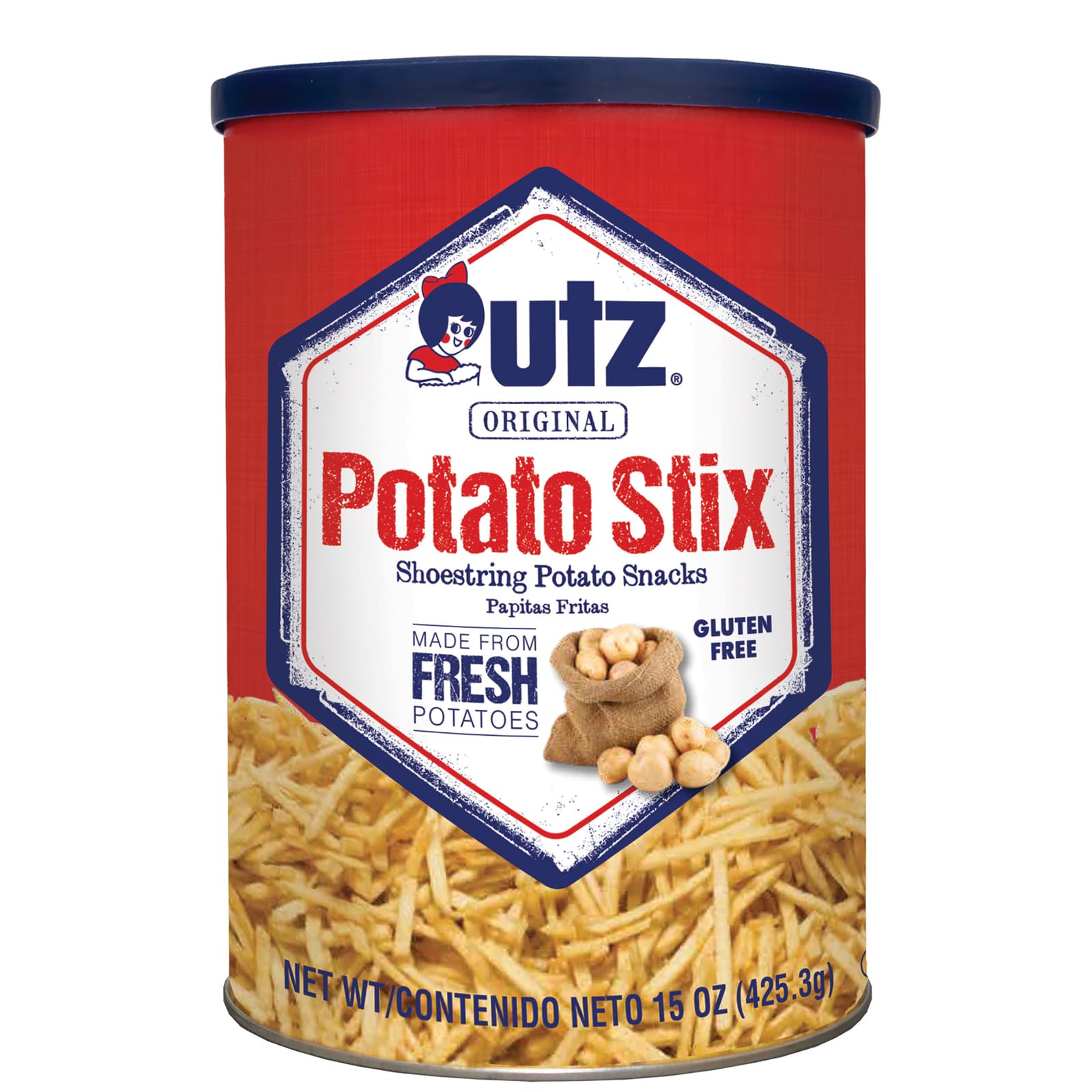 Utz Potato Stix, Original, 15 Oz Canister, Crispy Shoestring Potato Snacks, Gluten-Free, Cholesterol Free, Trans-Fat Free