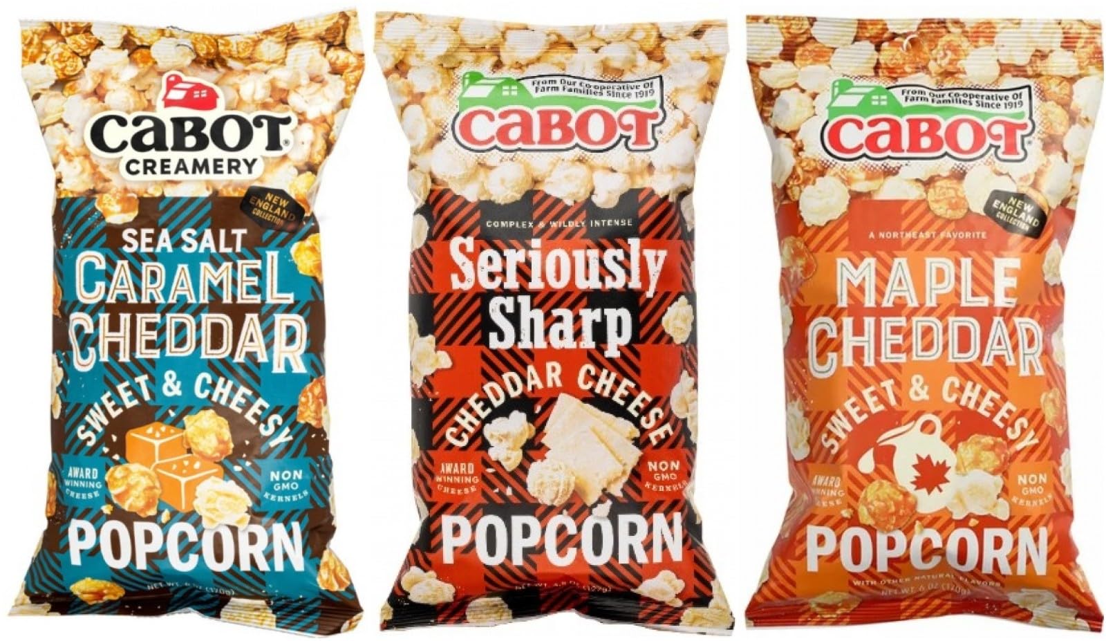 Cabot Popcorn - Trio of flavors: Seriously Sharp, Sea Salt Caramel Cheddar and Maple Cheddar. 1 bag of Each