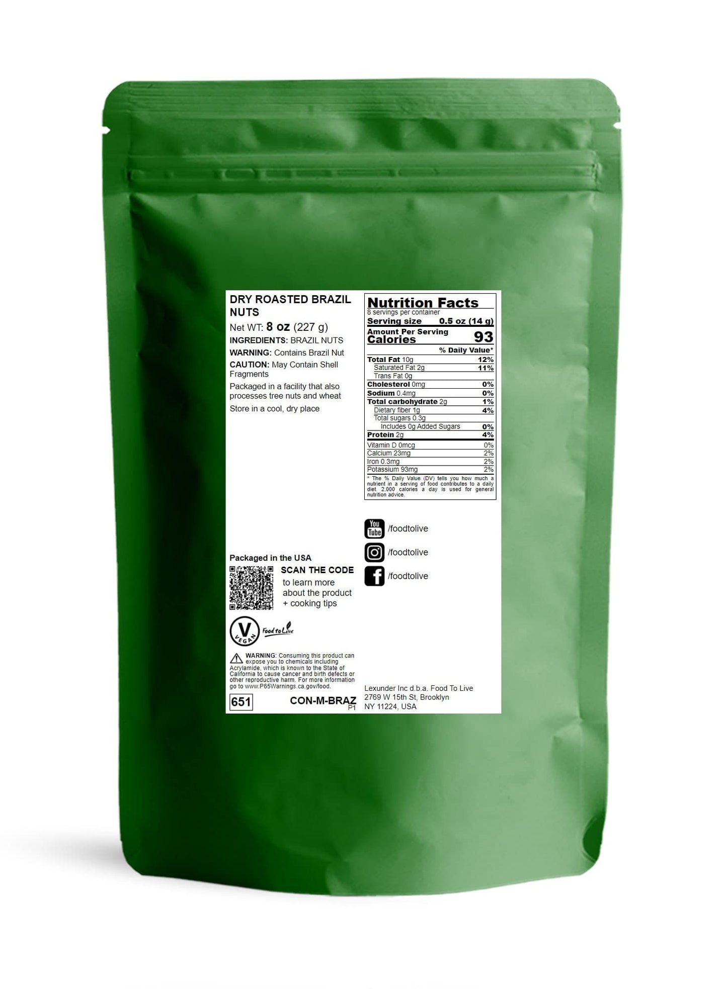 Food To Live Dry Roasted Brazil Nuts, 8 Ounces - Unsalted, Whole, Oven Roasted Brazilian Nuts, No Oil Added, Shelled, Vegan, Kos
