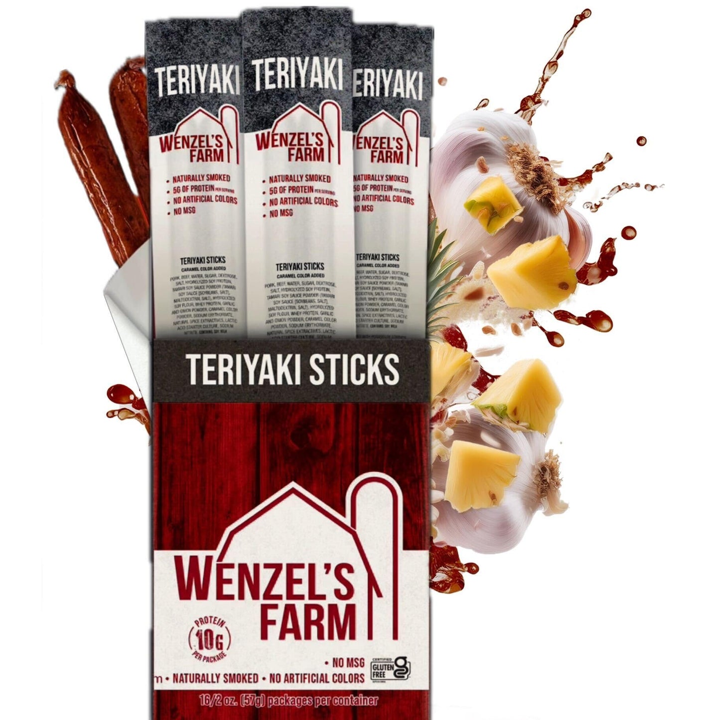 Wenzels Farm Teriyaki Sticks, High Protein, Low Carb, Gluten Free, 32 Count