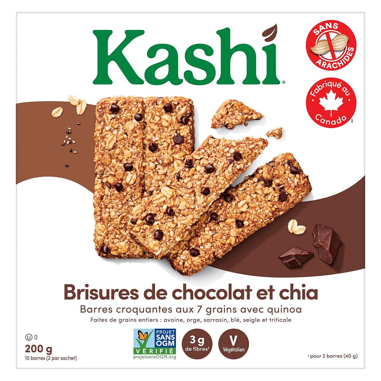Kellogg's Kashi Seven Grain with Quinoa Bars, Chocolate Chip Chia, Non-GMO, 200g/7.1oz, Box - Healthy Snack Option