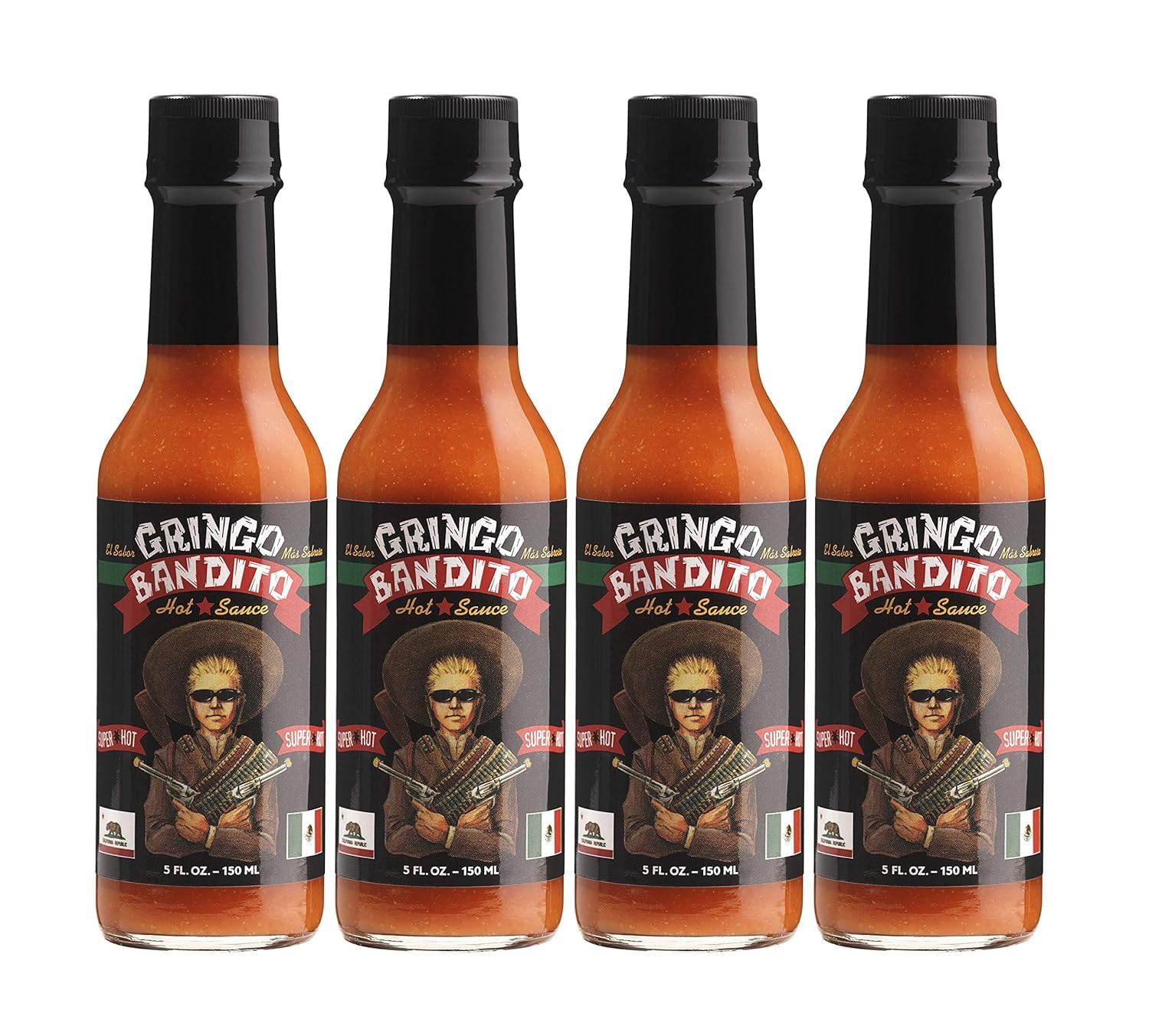 Gringo Bandito Super Hot Sauce Pack of 4, 5 Ounce Bottles, Spicy Flavor