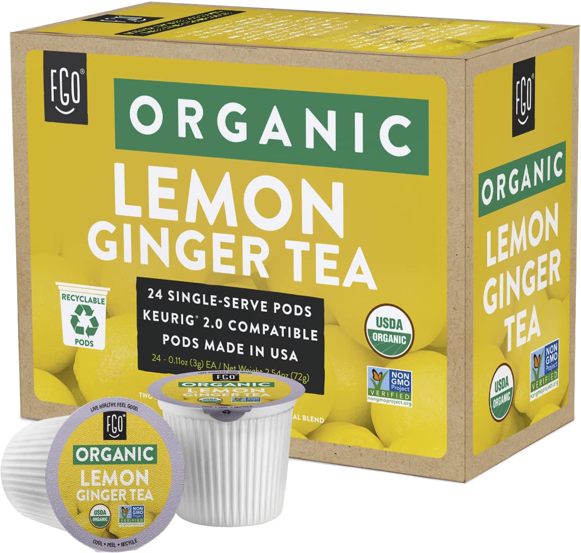 FGO Organic Lemon Ginger Tea K-Cup Pods - Caffeine-Free, 24 Count, Keurig Compatible