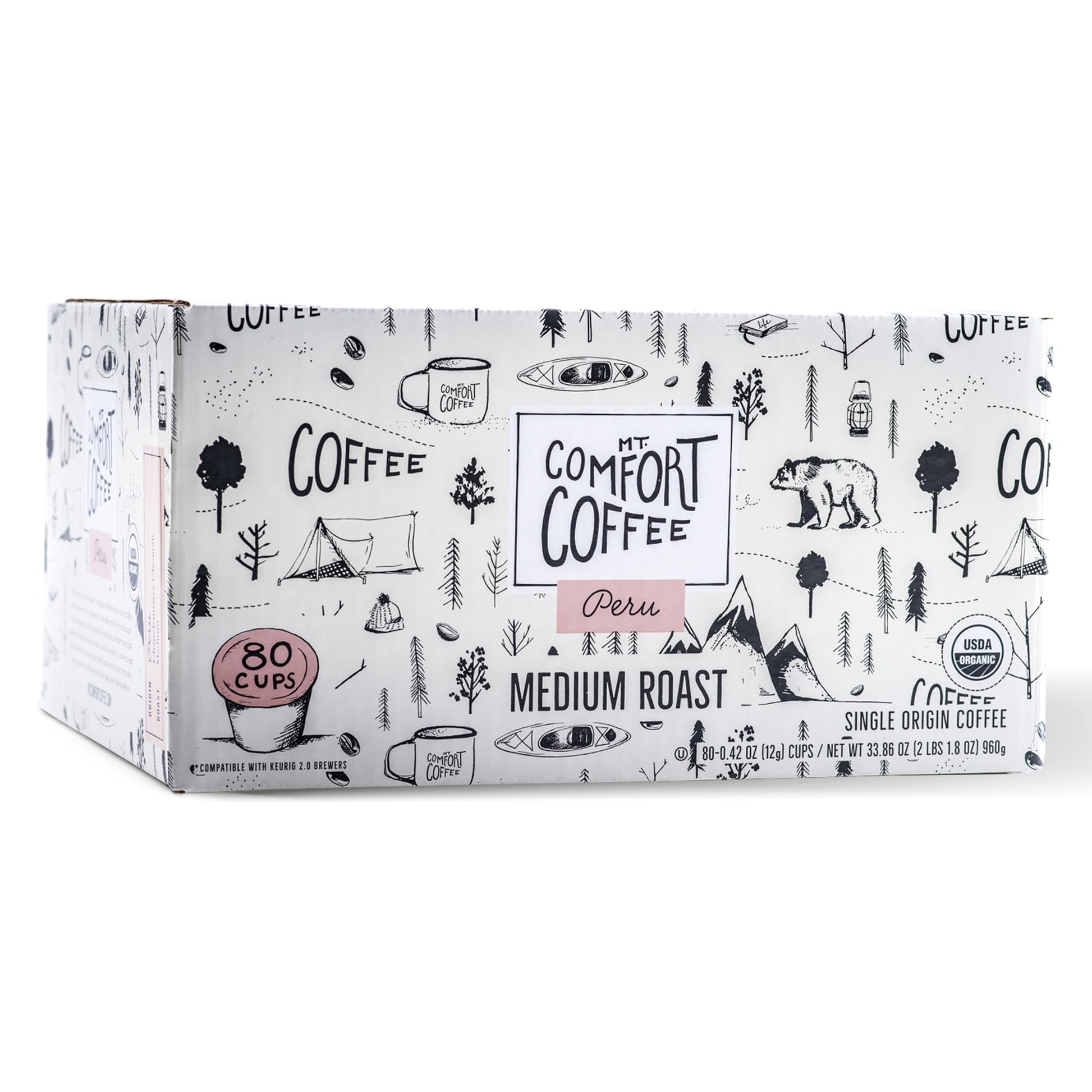 Mt. Comfort Coffee Organic Peru Medium Roast, 80 Count Coffee Pods - K-Cup Compatible Including 2.0 - Roasted Ground Coffee