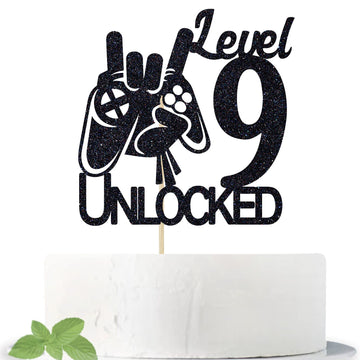 Cos Mos Video Game Level 9 Unlocked Birthday Cake Topper Black Glitter Boys 9Th Birthday Cake Decorations Level Up Winner Party