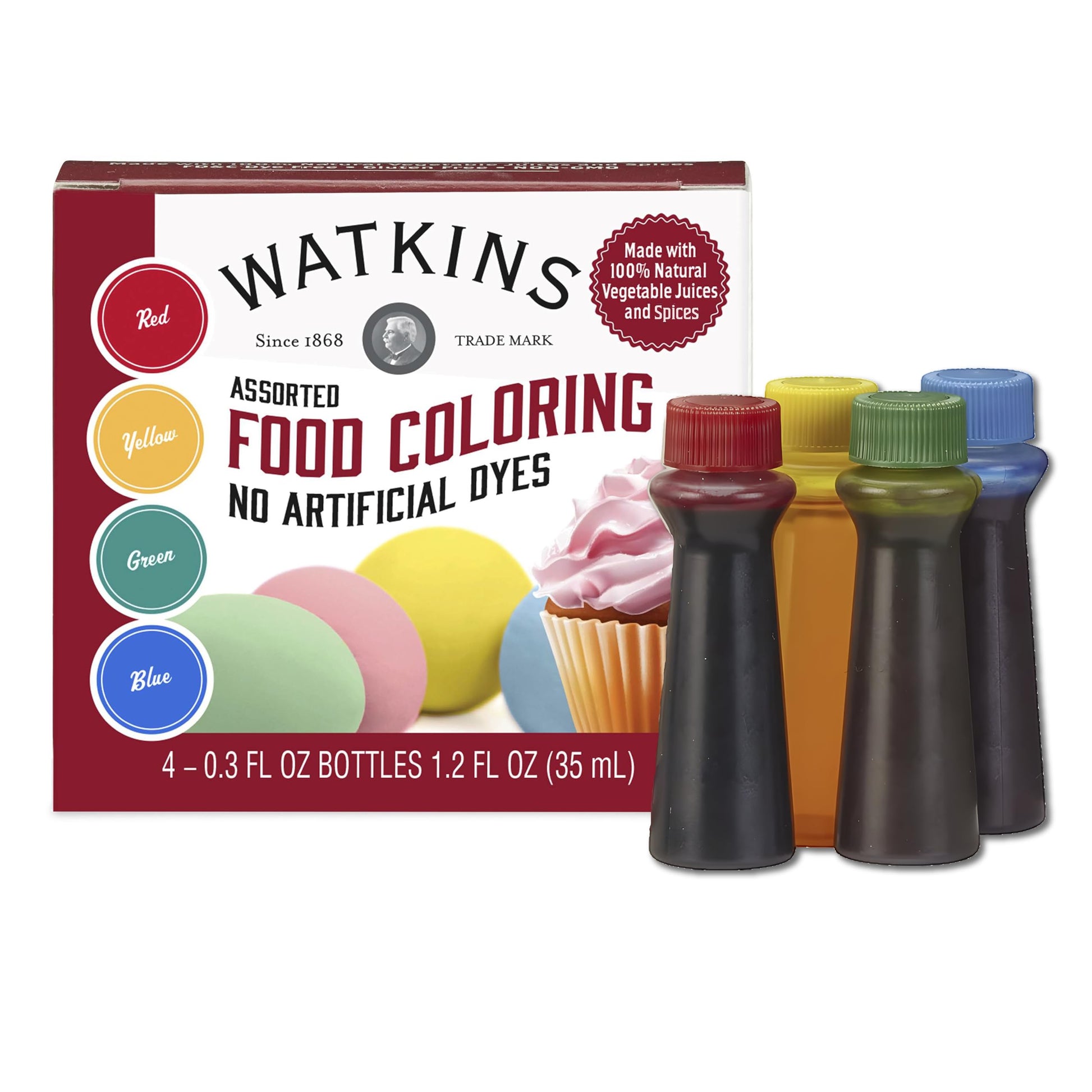 Watkins Assorted Food Coloring, Red/Yellow/Green/Blue, 1.2 Ounce, 1-Pack