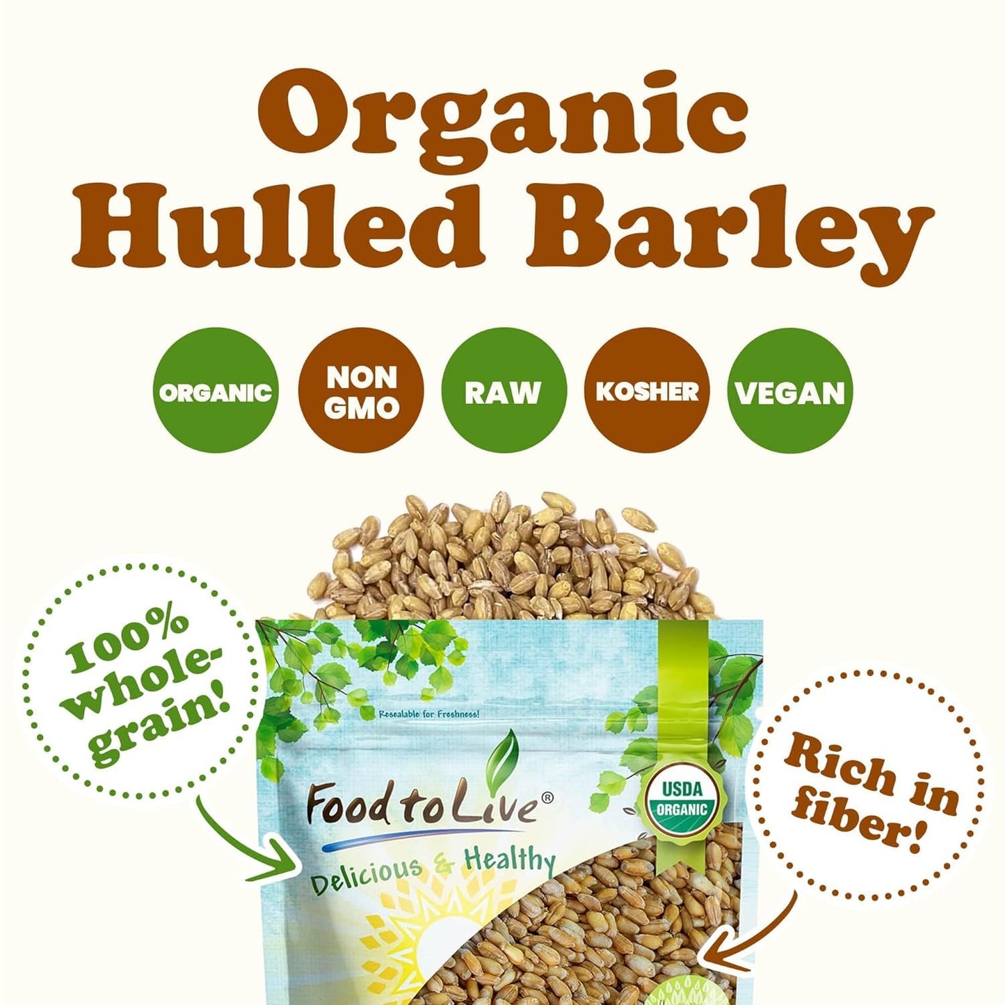 Food to Live Organic Hulled Barley - Non-GMO, Whole Grain, 1 Pound, Vegan, Kosher, High Fiber, Great for Chili and Salads
