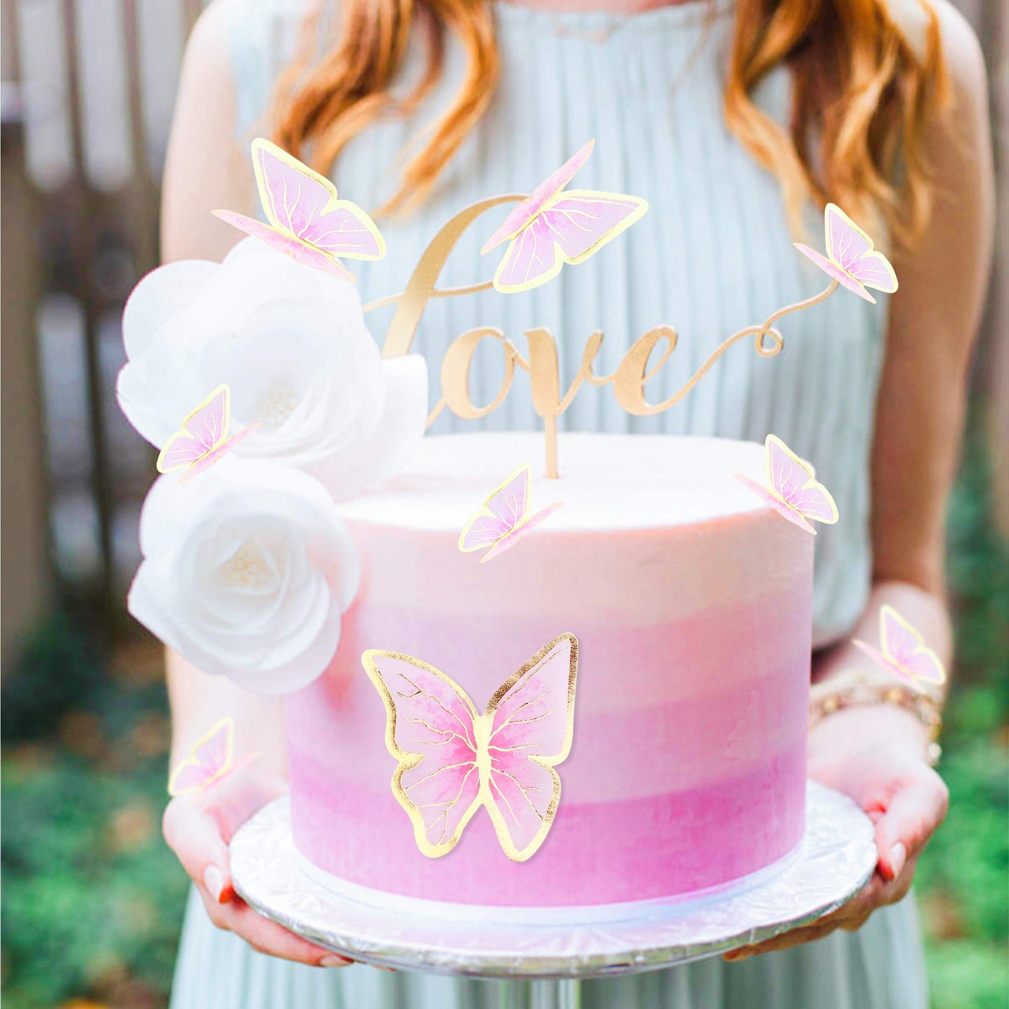 Cyodoos 30Pcs Red Gold Edge Mixed Size Lively 3D Waterproof Butterfly Cupcake Topper For Girls Women'S Happy Birthday Wedding Pa