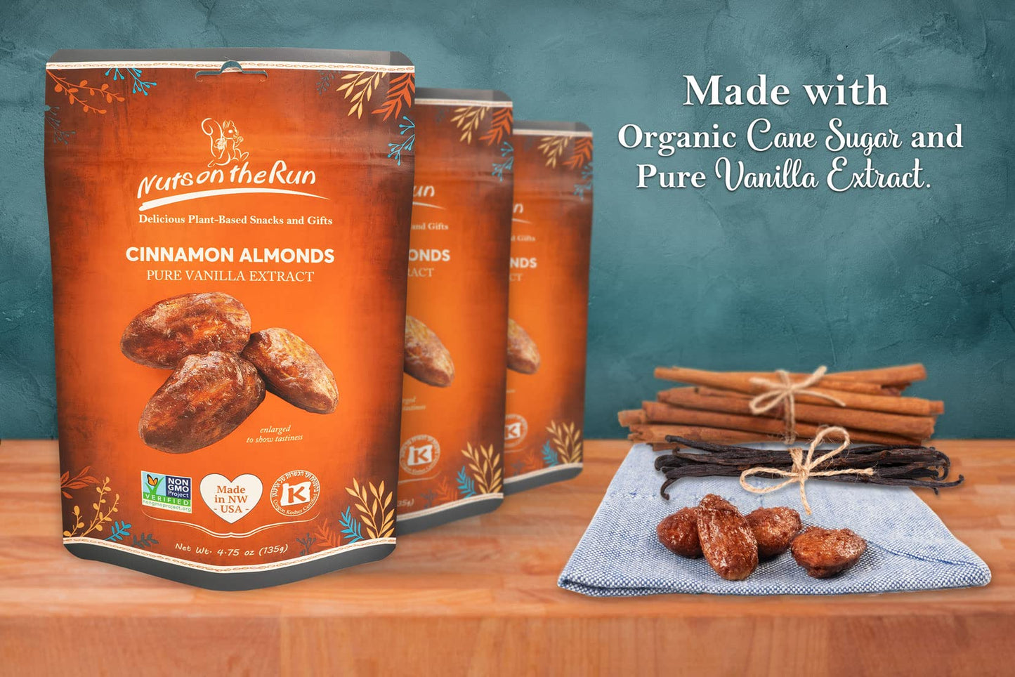 Cinnamon Almonds - Vegan, Kosher, Gluten-Free, Gmo-Free - 4.75Oz (Pack Of 3 Bags), Satisfaction Guarantee, Vegan