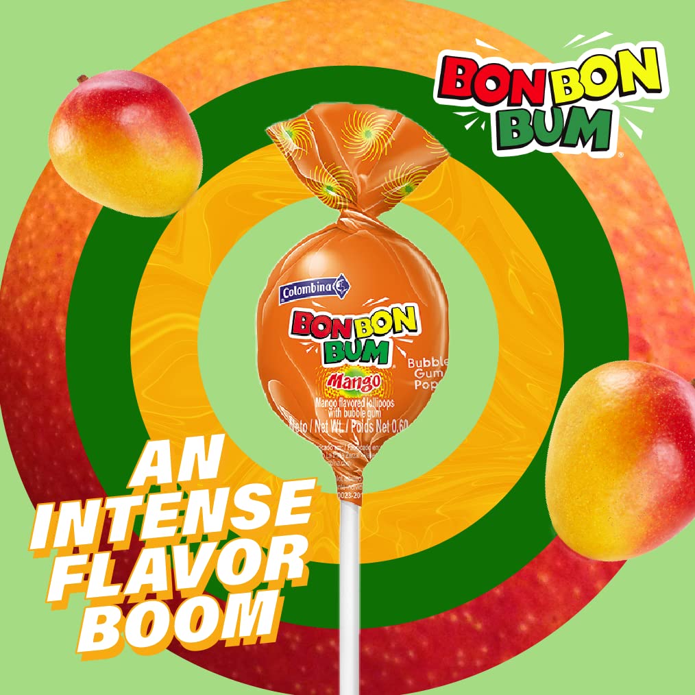 Colombina Bon Bon Bum Lollipops W/Bubble Gum Center, Mango Flavor, Individually Wrapped, Ideal For Party Favors And Gifts, 1 Pack (24 Count)