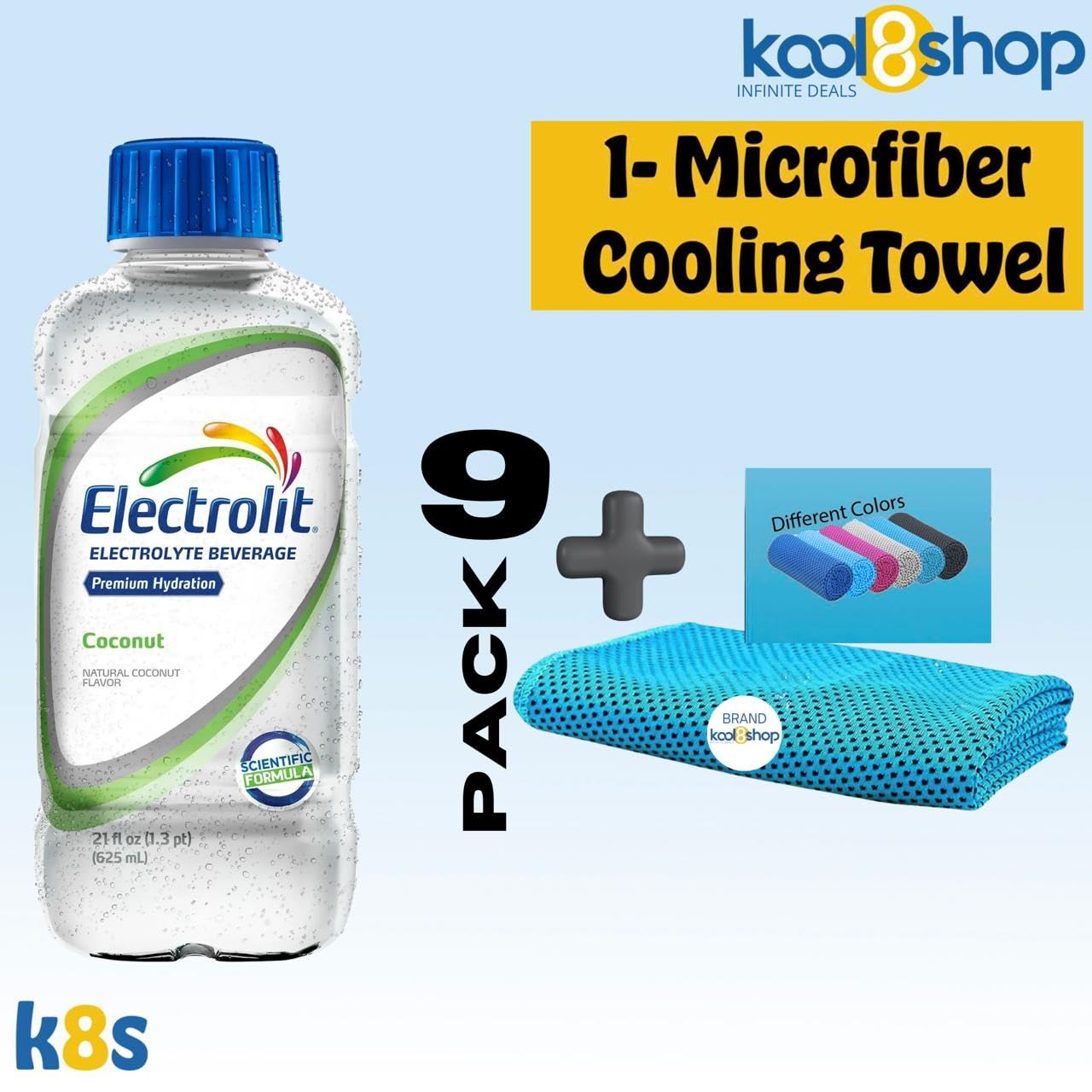 Electrolit Coconut Hydration Drink With Electrolytes 21 Fl Oz Plastic Bottles 9 Pack + 1 Microfiber Cooling Towel By Kool8Shop I