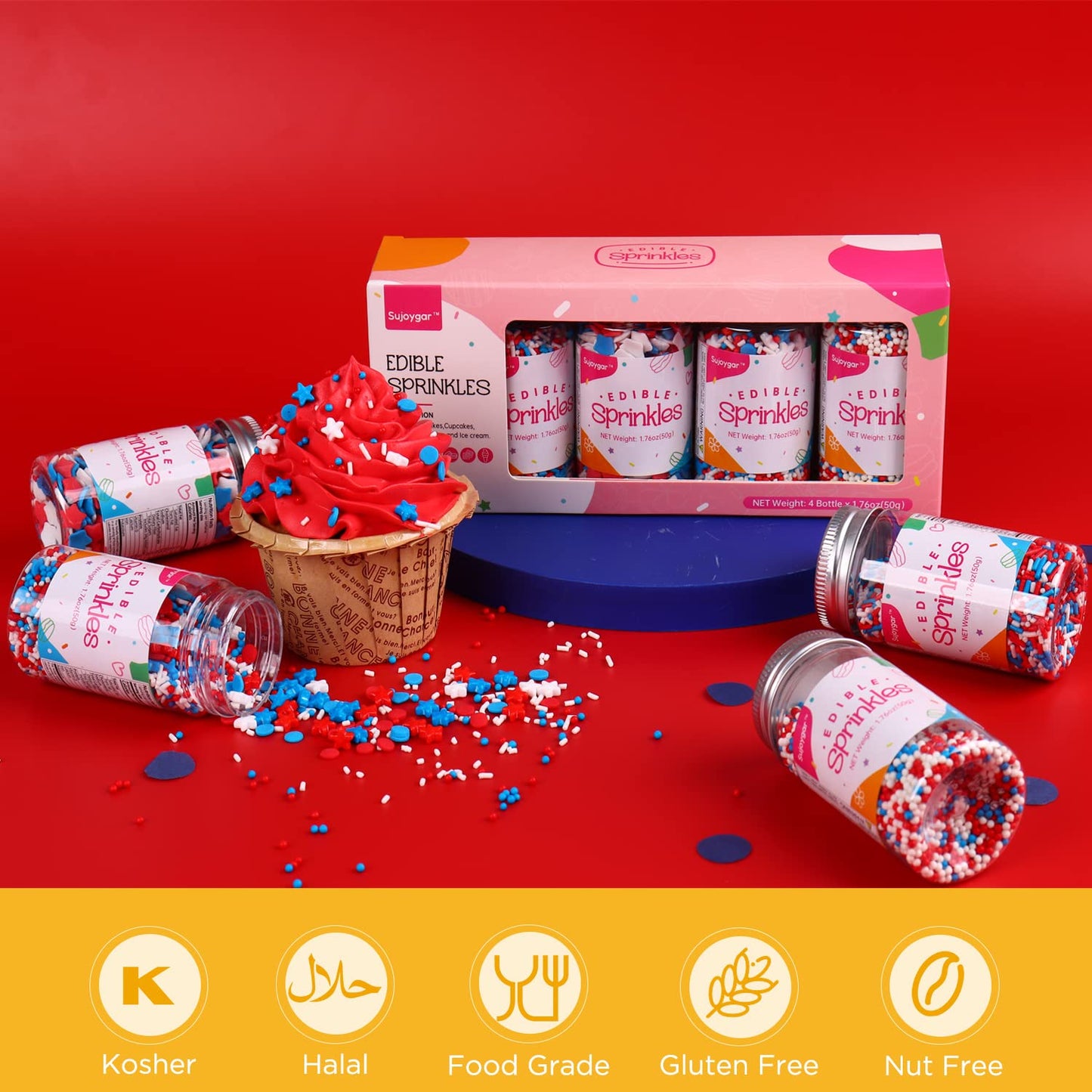 Patriotic Sprinkles Set, Food Grade 50G/Bottle, 4Th Of July, Sujoygar, Independence Day Sprinkles For Cupcake Decorating, Cookie