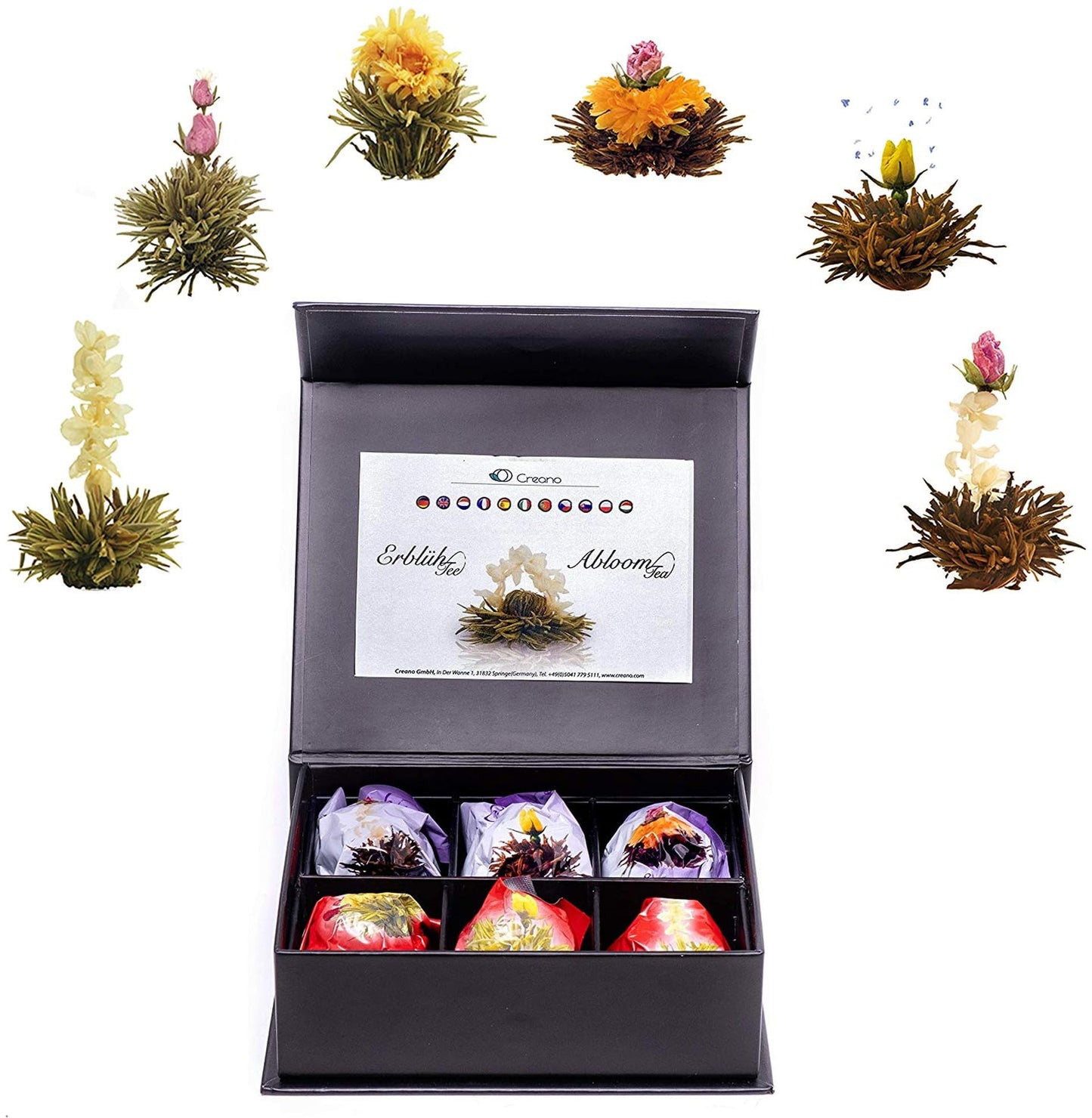Creano Blooming Tea Set, 6pcs Flowering Tea, Black & White in Elegant Magnetic Box with Silver Embossing
