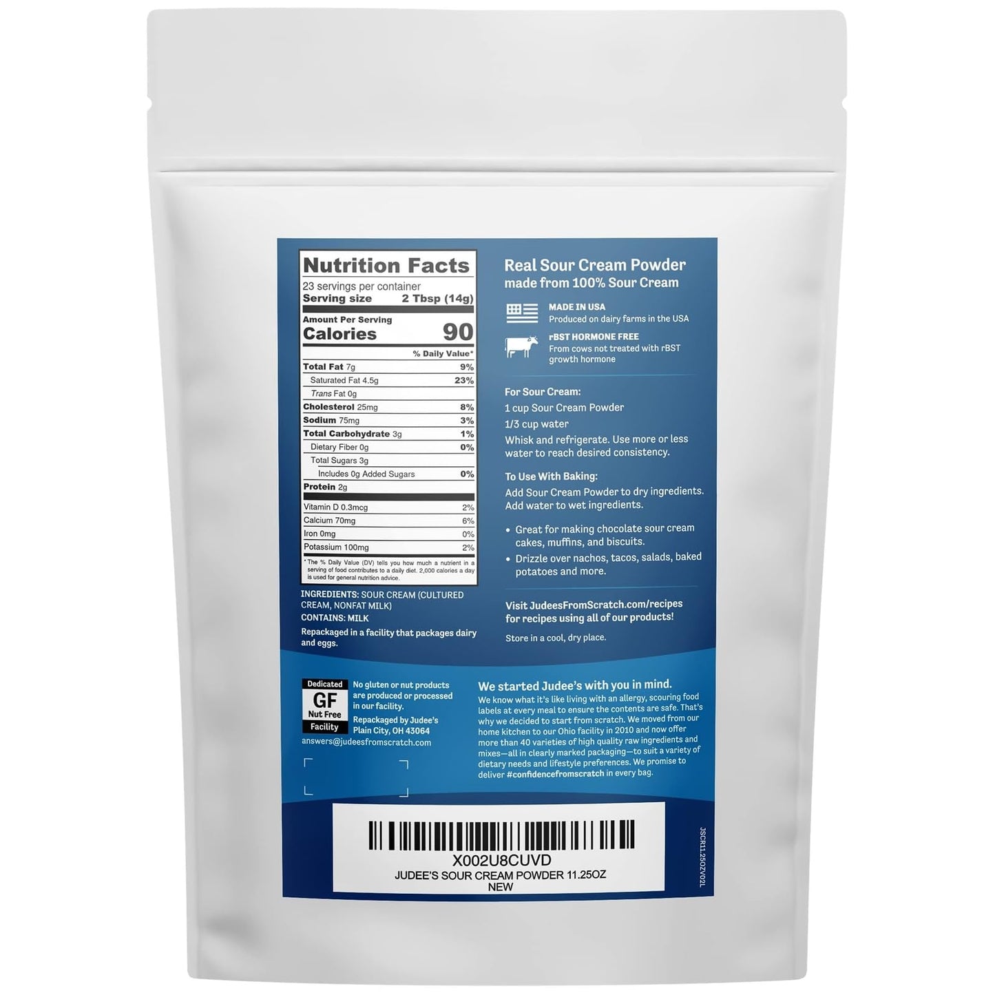 Judees Gluten Free Powdered Sour Cream - Freeze-Dried Sour Cream Powder for Baking & Dips - 11.25 Oz - Non-GMO, Gluten-Free