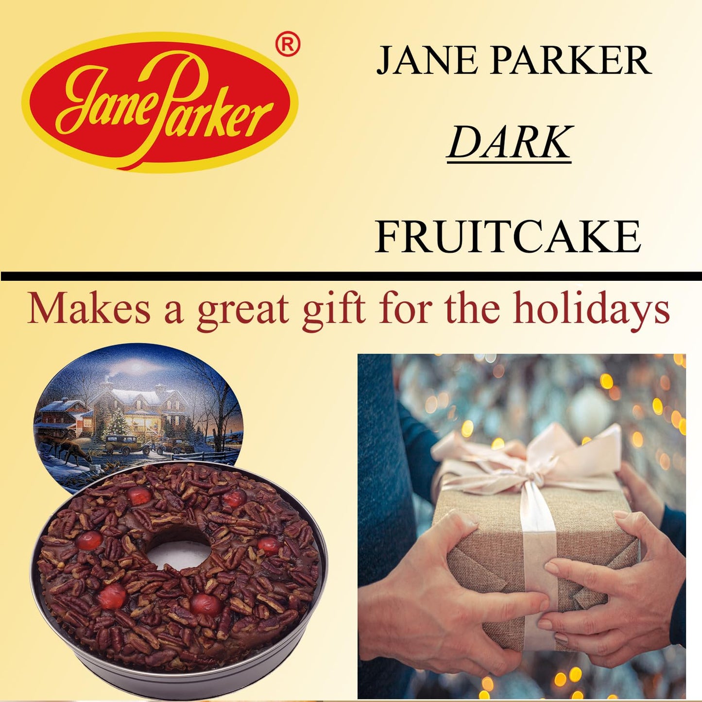 Jane Parker Fruitcake Dark Fruit Cake 3 Pound (48 Ounce) Ring In A Collectible Holiday Tin (Colors May Vary) -Holiday Cake-Chris