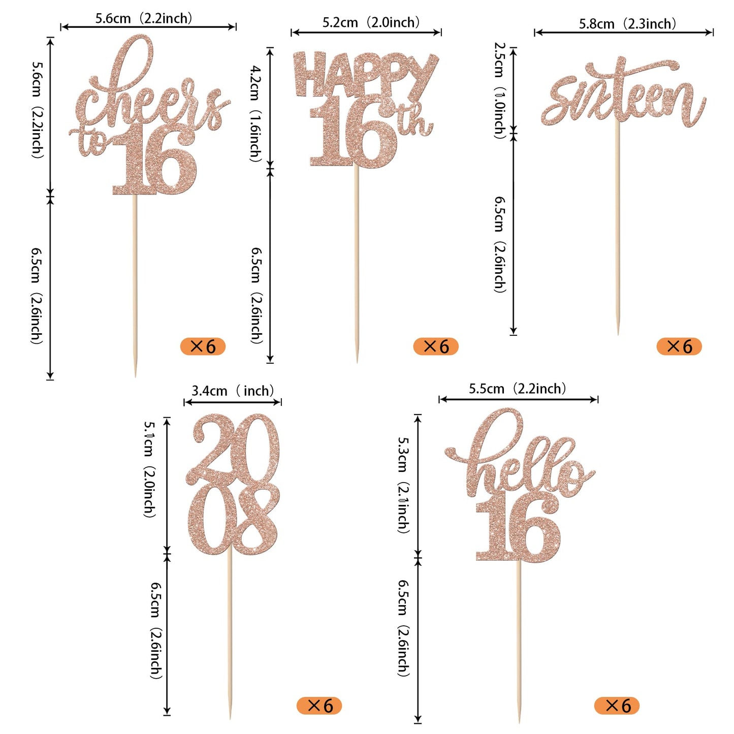Rssta i Cupcake Toppers 30 Pack Glitter Happy 16th Birthday Rose Gold Paper Model XM087