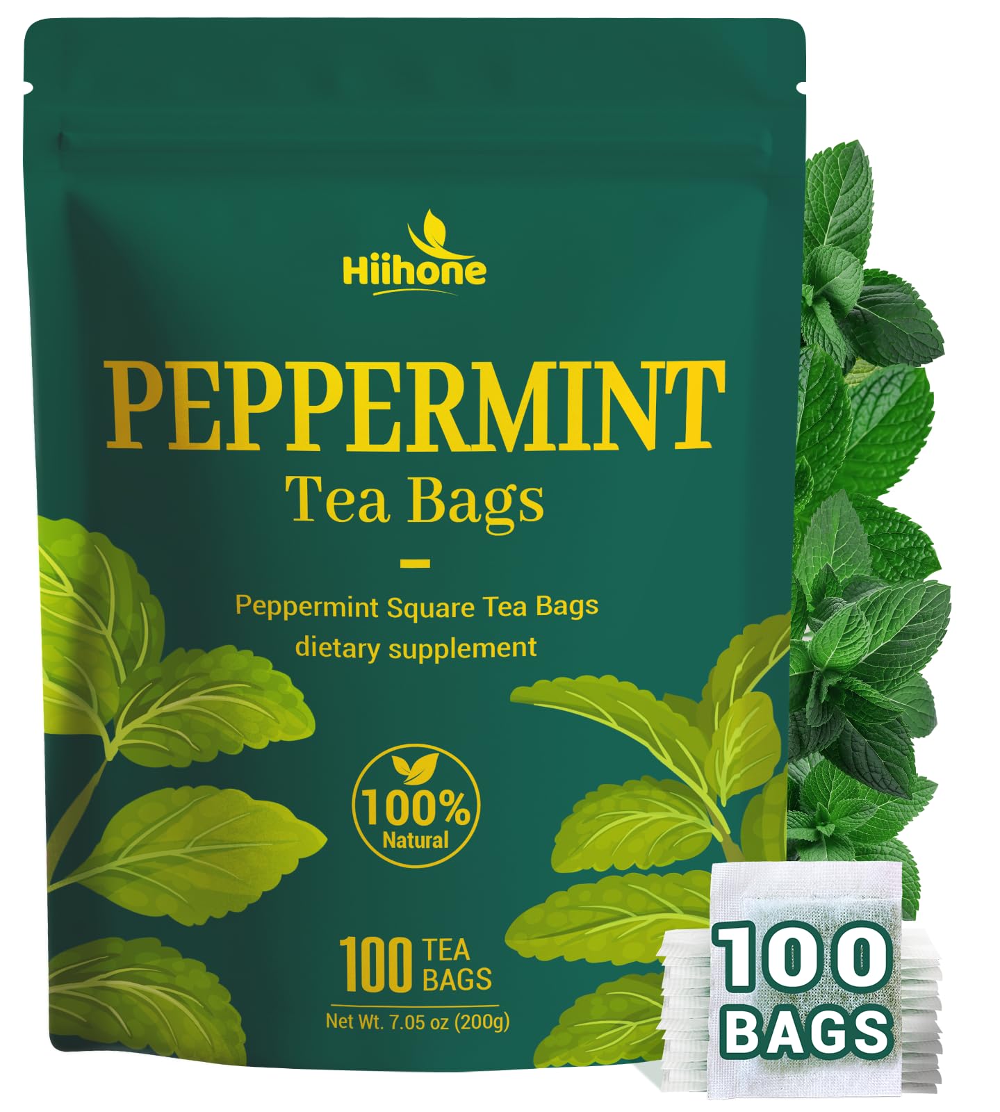Hiihone Peppermint Tea Bags  Pure & Natural Peppermint Leaves  Fresh Minty Herbal Tea  Naturally Energy Blend-Free  Non-Gmo  Enjoy Hot Or Iced  100 Tea Bags
