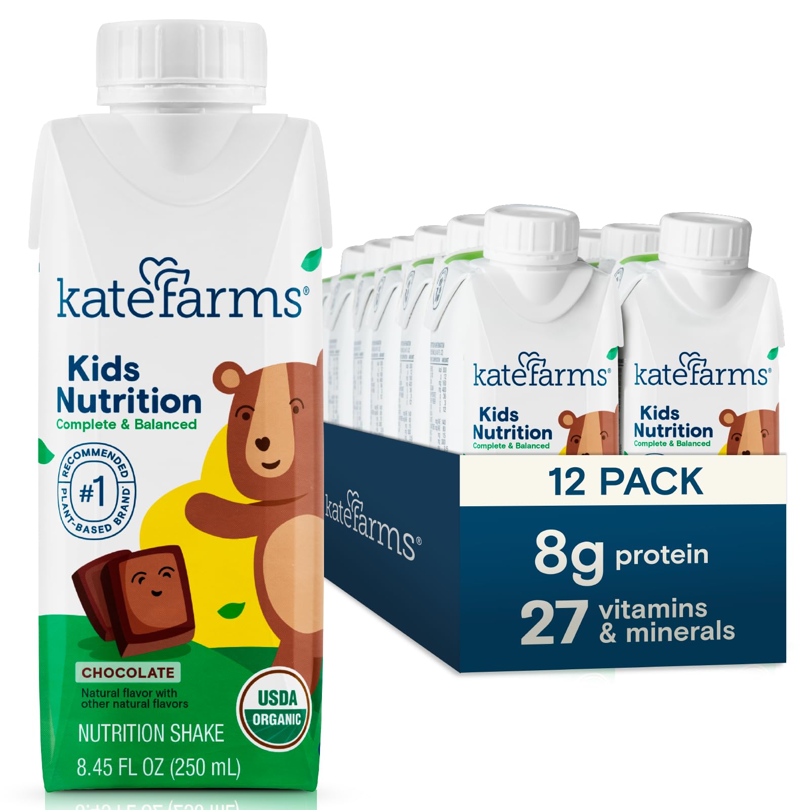 Kate Farms Organic Kids Nutrition Chocolate Shake, 8g Protein, 27 Vitamins, Gluten Free, Non-GMO, 8.45 oz (12 Pack)