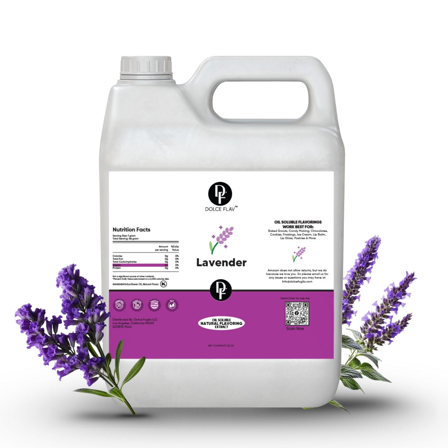 Dolce Flav Lavender Flavoring - 32 Ounce Oil-Soluble Kosher  Sugar-Free  Concentrated Floral Lavender Flavoring For Baking  Chocolates & Desserts