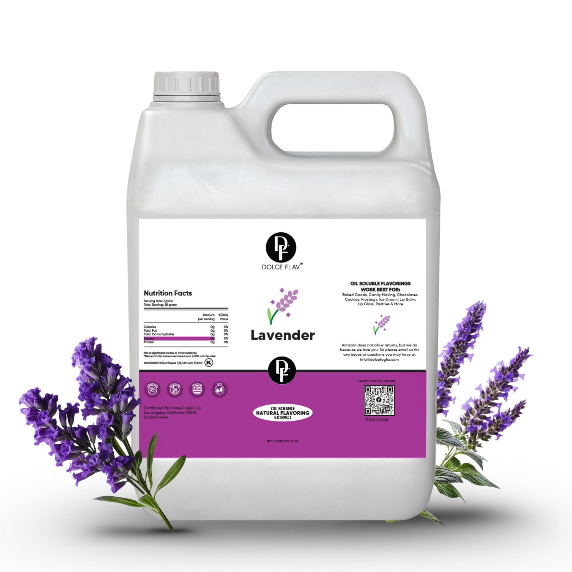 Dolce Flav Lavender Flavoring - 32 Ounce Oil-Soluble Kosher  Sugar-Free  Concentrated Floral Lavender Flavoring For Baking  Chocolates & Desserts