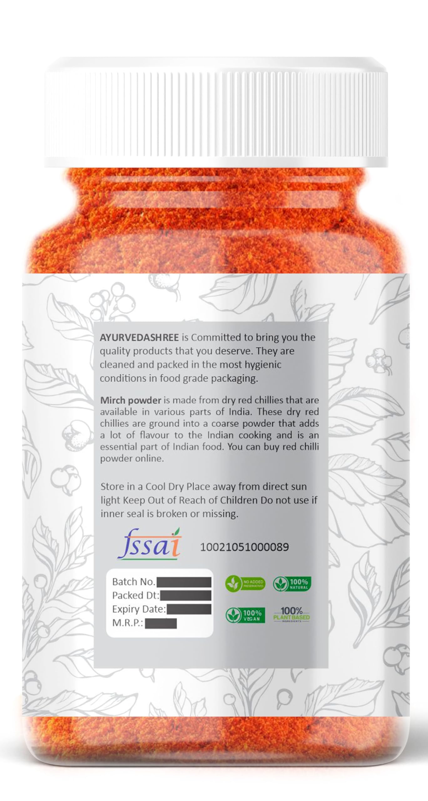 AYURVEDASHREE Chilli Powder (Mirchi Ground) 100gM PET Jar ~ All Natural | Vegan | Gluten Friendly | NON-GMO | Indian Origin |