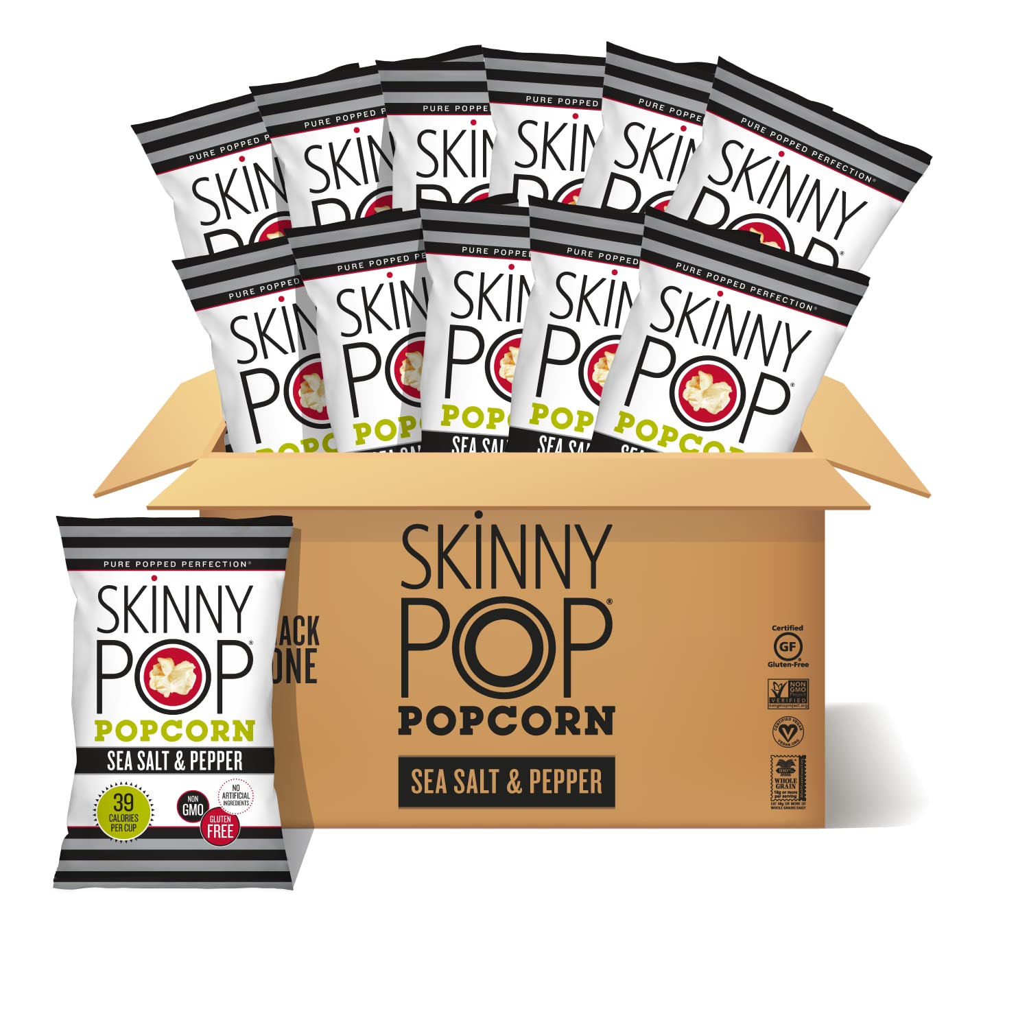 Skinnypop Sea Salt & Pepper Popcorn, Gluten Free, Non-Gmo, Healthy Popcorn Snacks, Skinny Pop, 4.4Oz Grocery Size Bags (12 Count