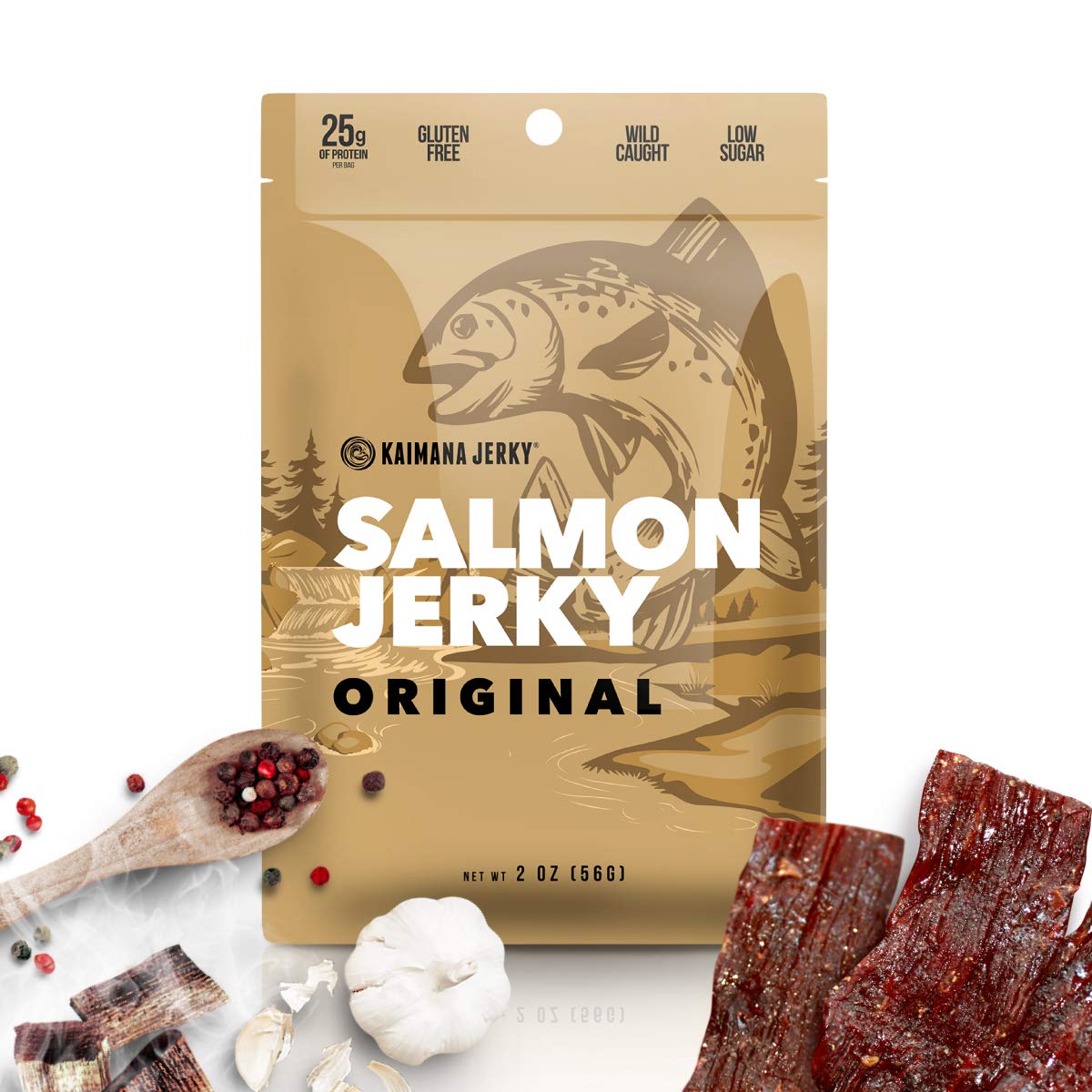Kaimana Jerky Wild Caught Salmon Jerky - Organic Smoked Fish Strips, Low-Calorie, 2oz Pack