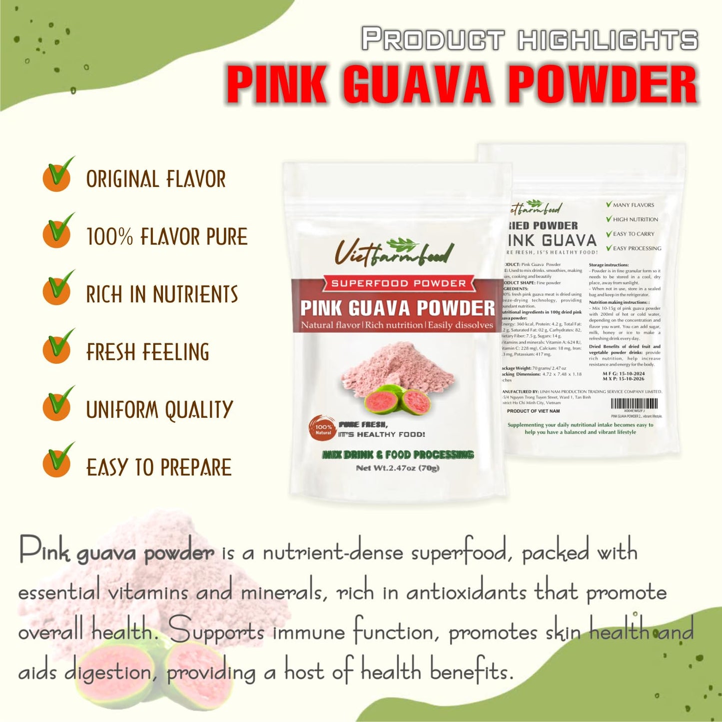 Pink Guava Powder 2.47 Oz (70G): Freeze-Dried Extracted From 100% Pure, Sugar-Free. Used To Mix Mixed Drinks Fresh Fruit Juice,