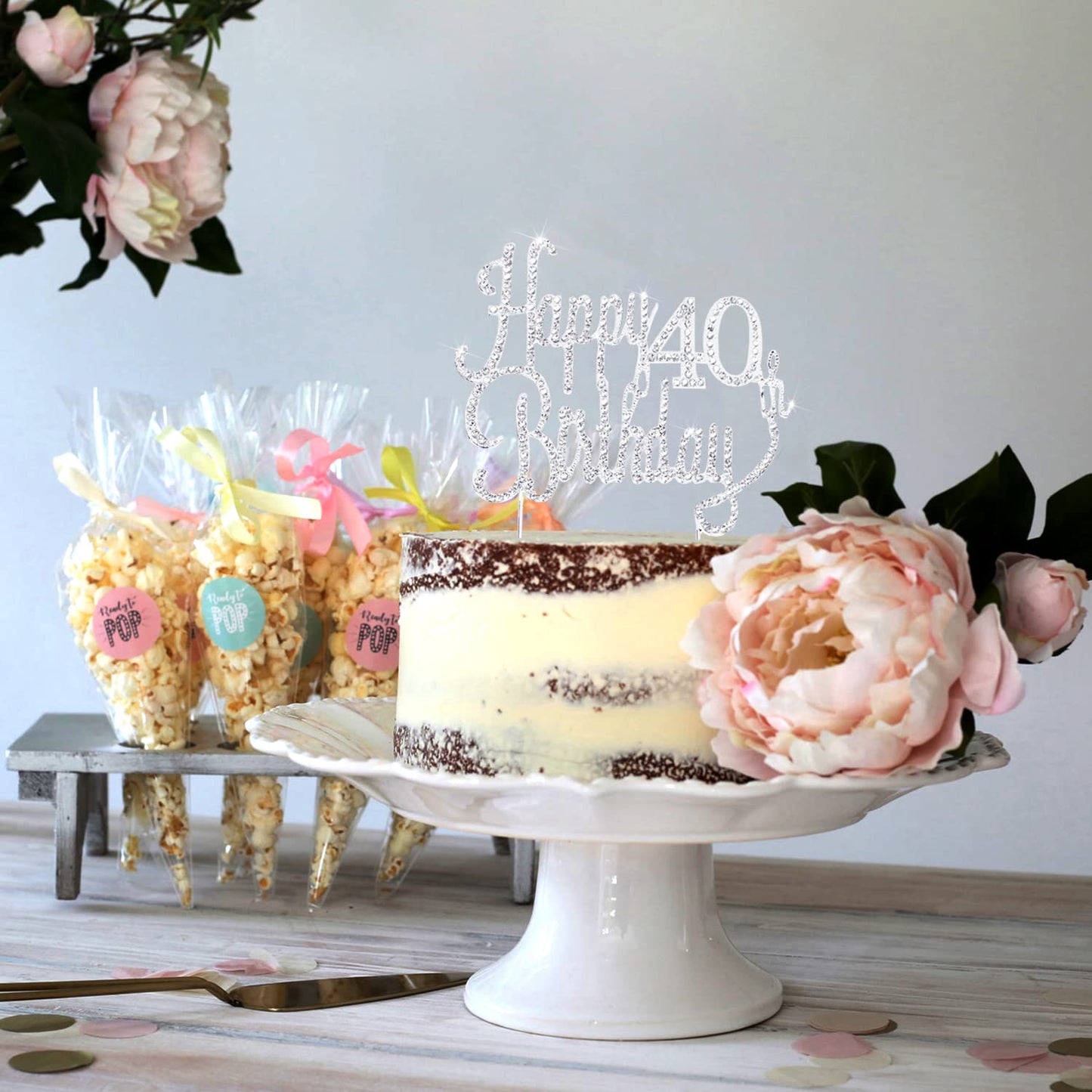 LINGTEER Rhinestone Cake Topper for 40th Birthday, Sparkly Silver Decoration, Cheers to Forty Years