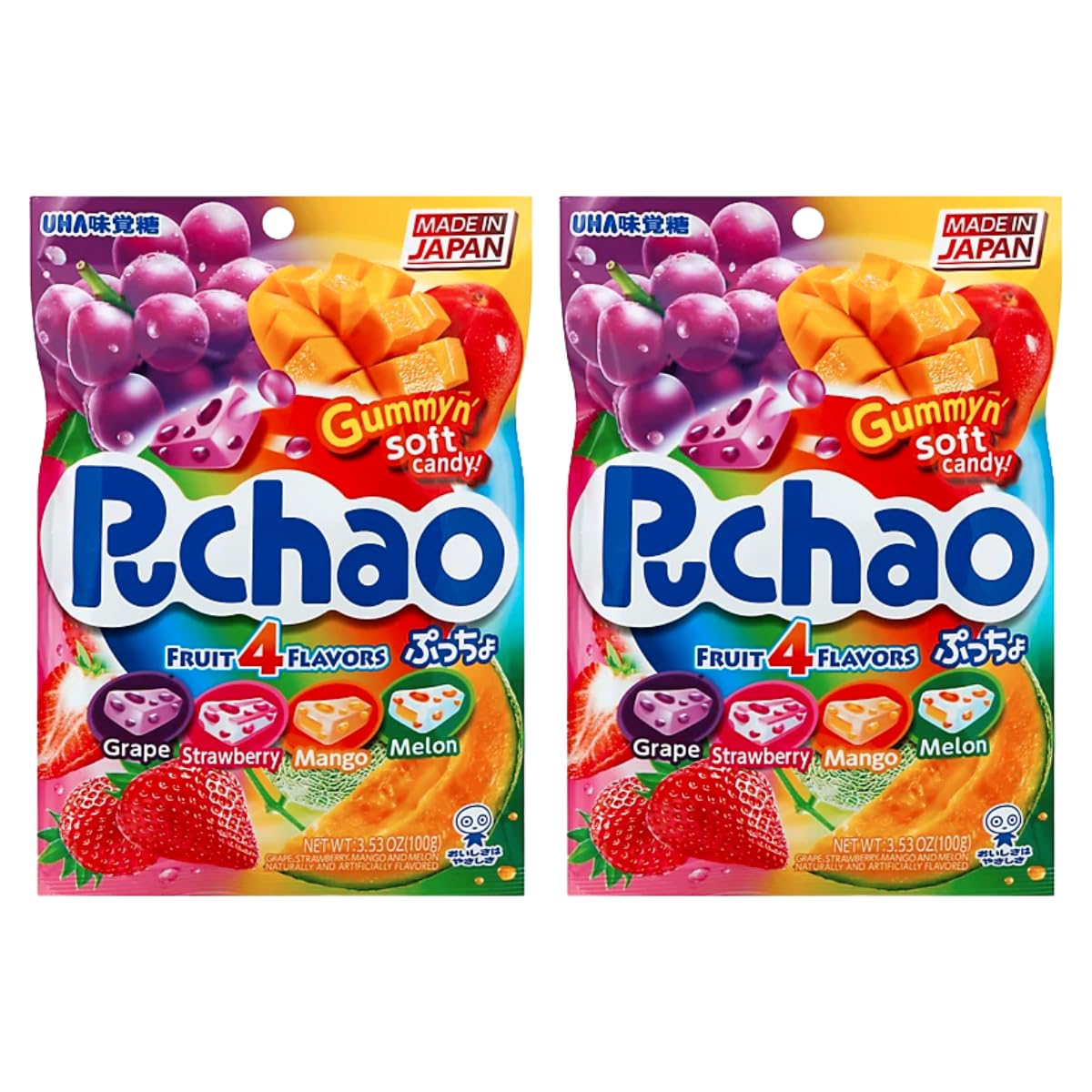 UNHAS ASIAN SNACK BOX Puchao Japanese Gummy Candy Variety Pack, 4 Fruits, Soda & Ramune Flavors, Pack of 2, One Size