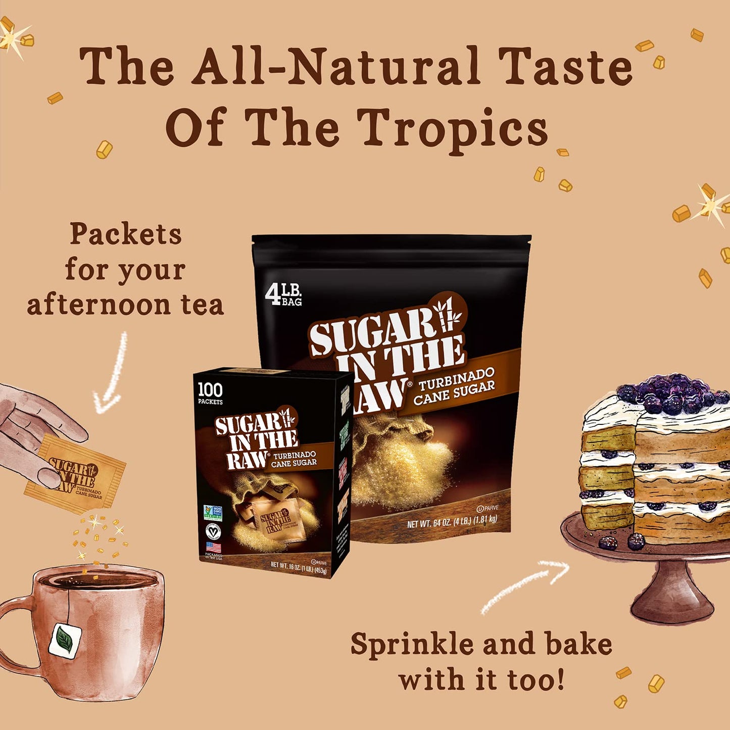 Sugar In The Raw Granulated Turbinado Cane Sugar, No Erythritol, Pure Natural Sweetener, Hot & Cold Drinks, Coffee, Cooking, Bak