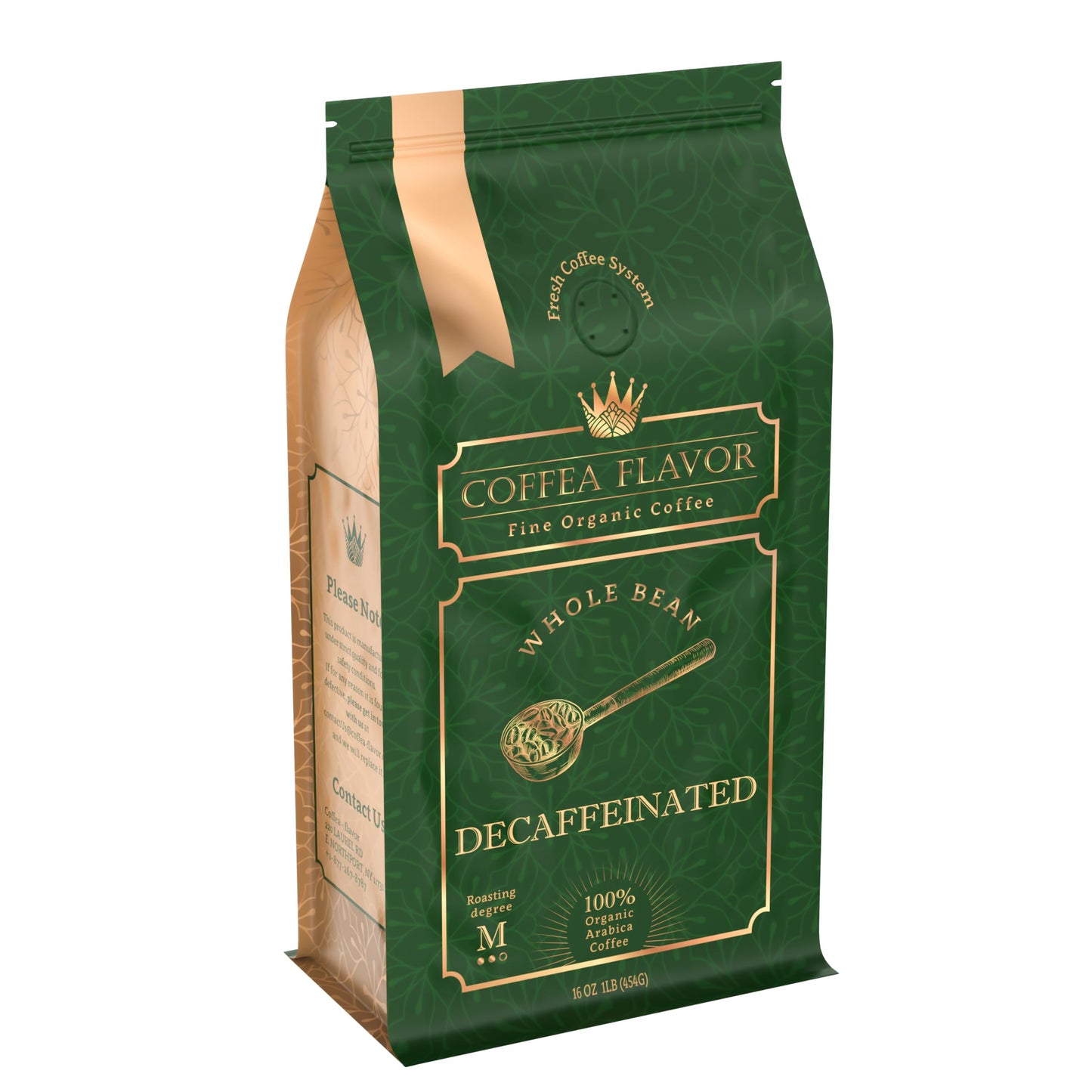COFFEA FLAVOR FINE ORGANIC COFFEE Decaf Whole Bean Medium Roast 16 Oz USDA Organic Fair Trade