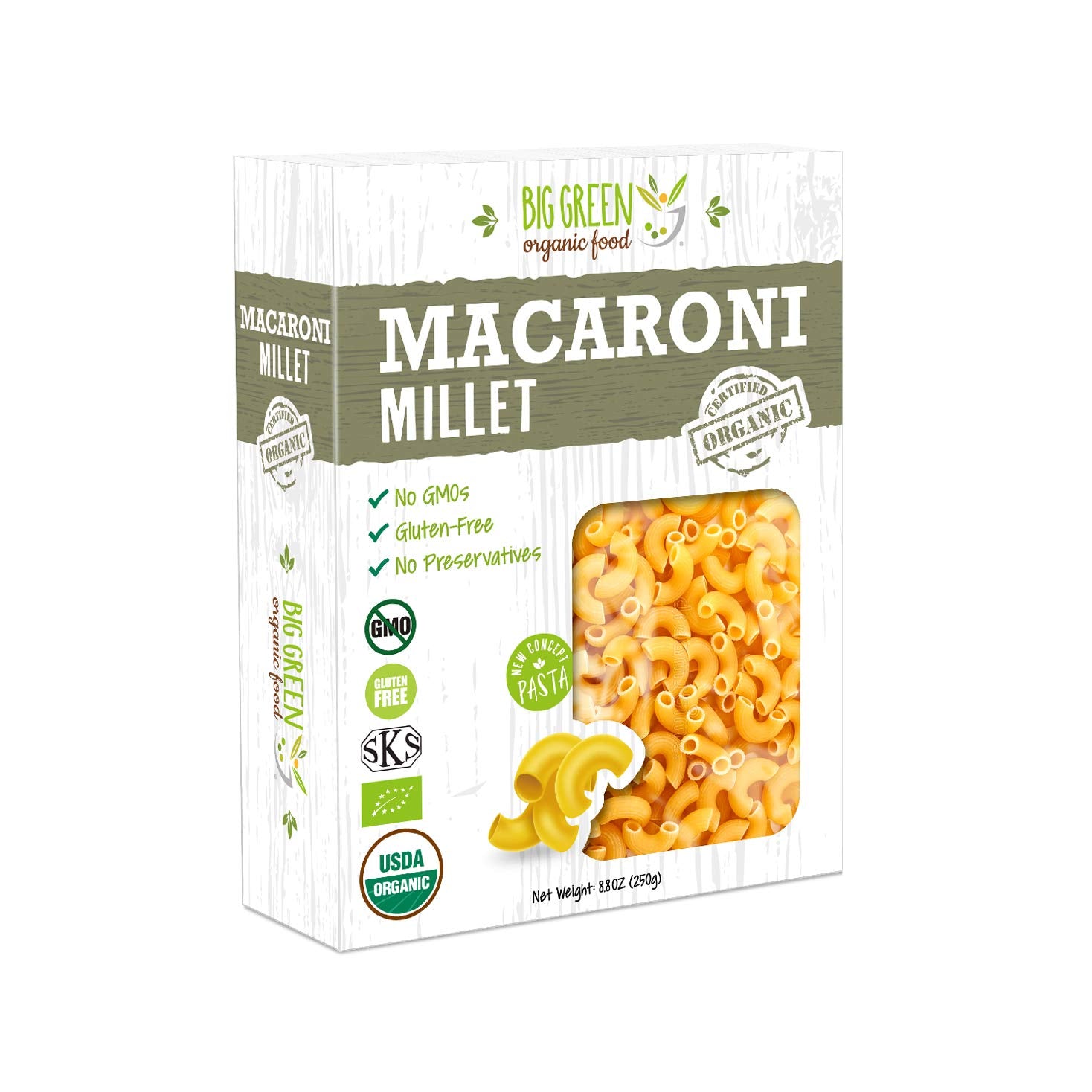 Big Green Organic Food- Organic Millet Macaroni (Elbows), Gluten-Free, Lectin-Free, Non-Gmo, Vegan, Wheat And Rice Alternative, 8.8Oz (1)