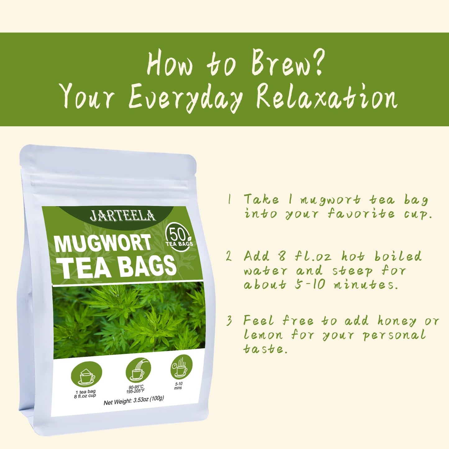 Jarteela Mugwort Tea Bags - Natural Herbal Tea for Digestion, Caffeine-Free, Non-GMO, 50 Count