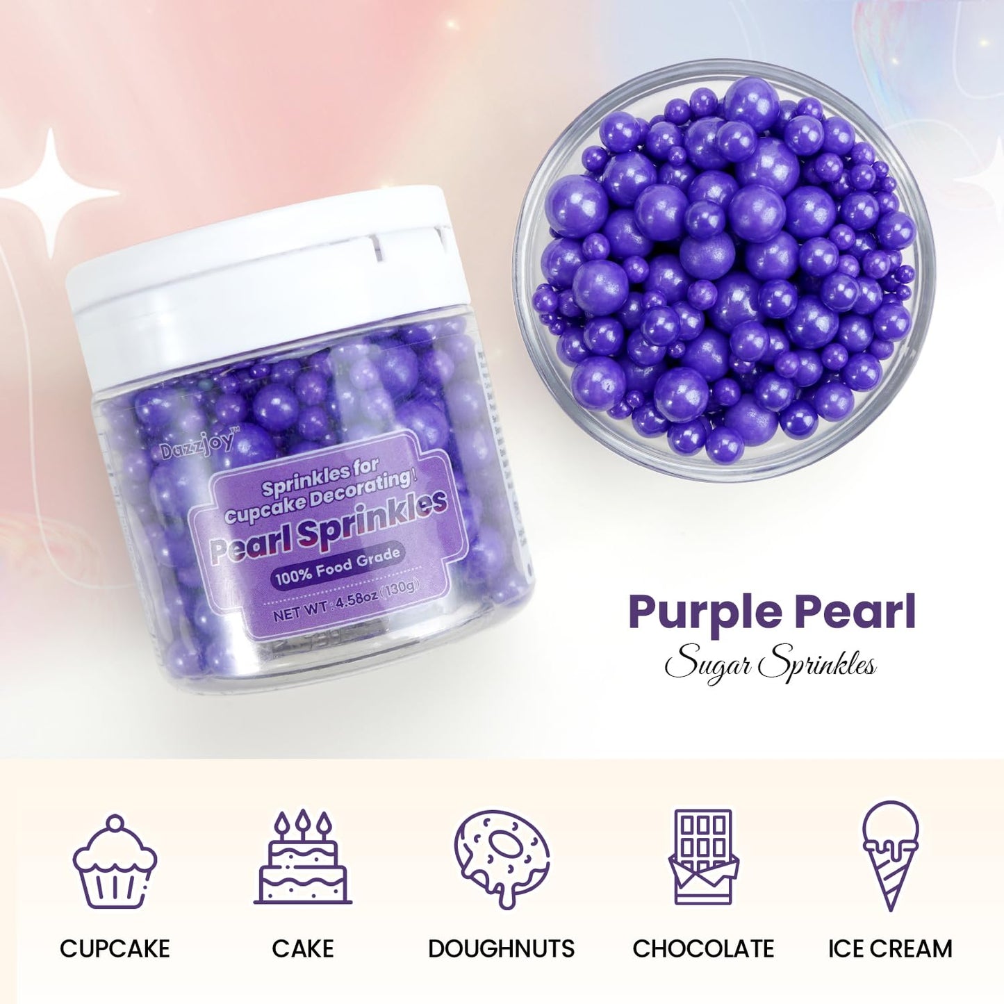 Dazzjoy Edible Pearl Purple Sugar Sprinkles, 130G/4.58Oz, Purple Ball Pearls Sprinkles For Cake Decorating, Cupcake Toppers, Edi