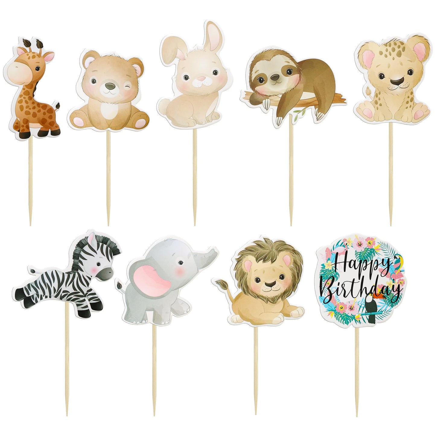 Gyufise 36Pcs Safari Animals Cupcake Toppers Jungle Animals Cupcake Picks Elephant Giraffe Lion Hippo Monkey Zebra Leaf Cake Dec