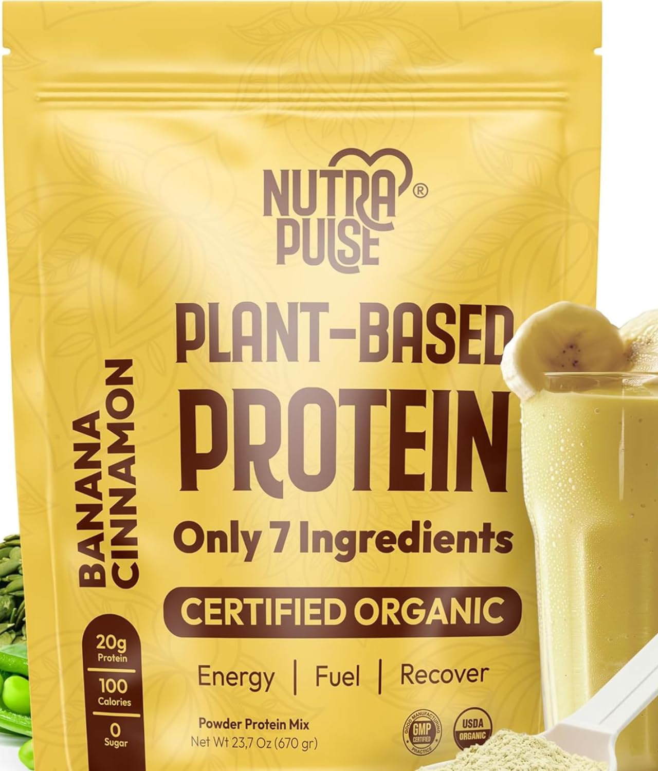NUTRAPULSE Organic Vegan Protein Powder, Plant-Based, 20g Protein, Banana Cinnamon, 1 Pack, 20 Servings