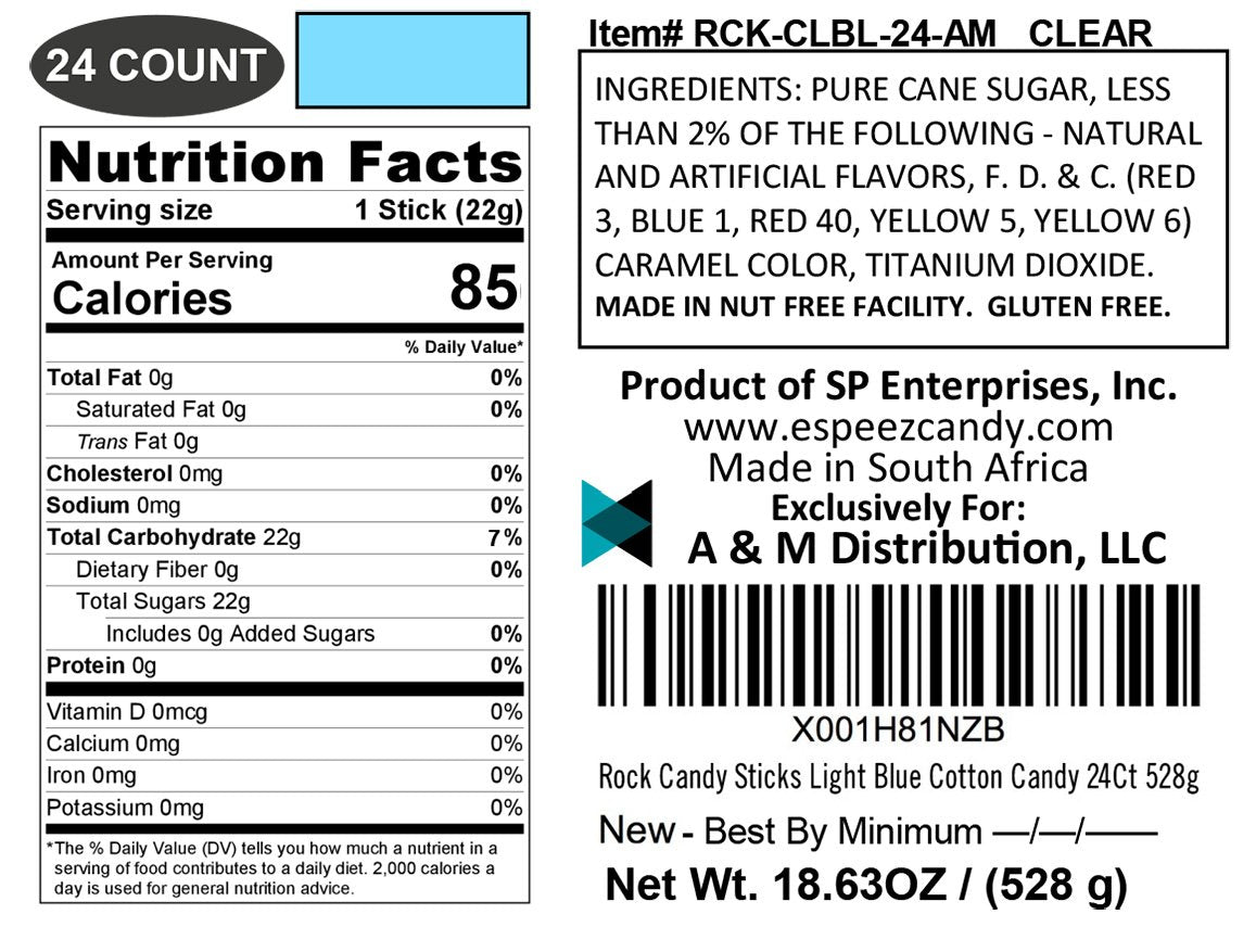 Espeez Extra Large Rock Candy Sticks - 24 Count - Light Blue Cotton Candy Flavor - Individually Wrapped for Parties and Events