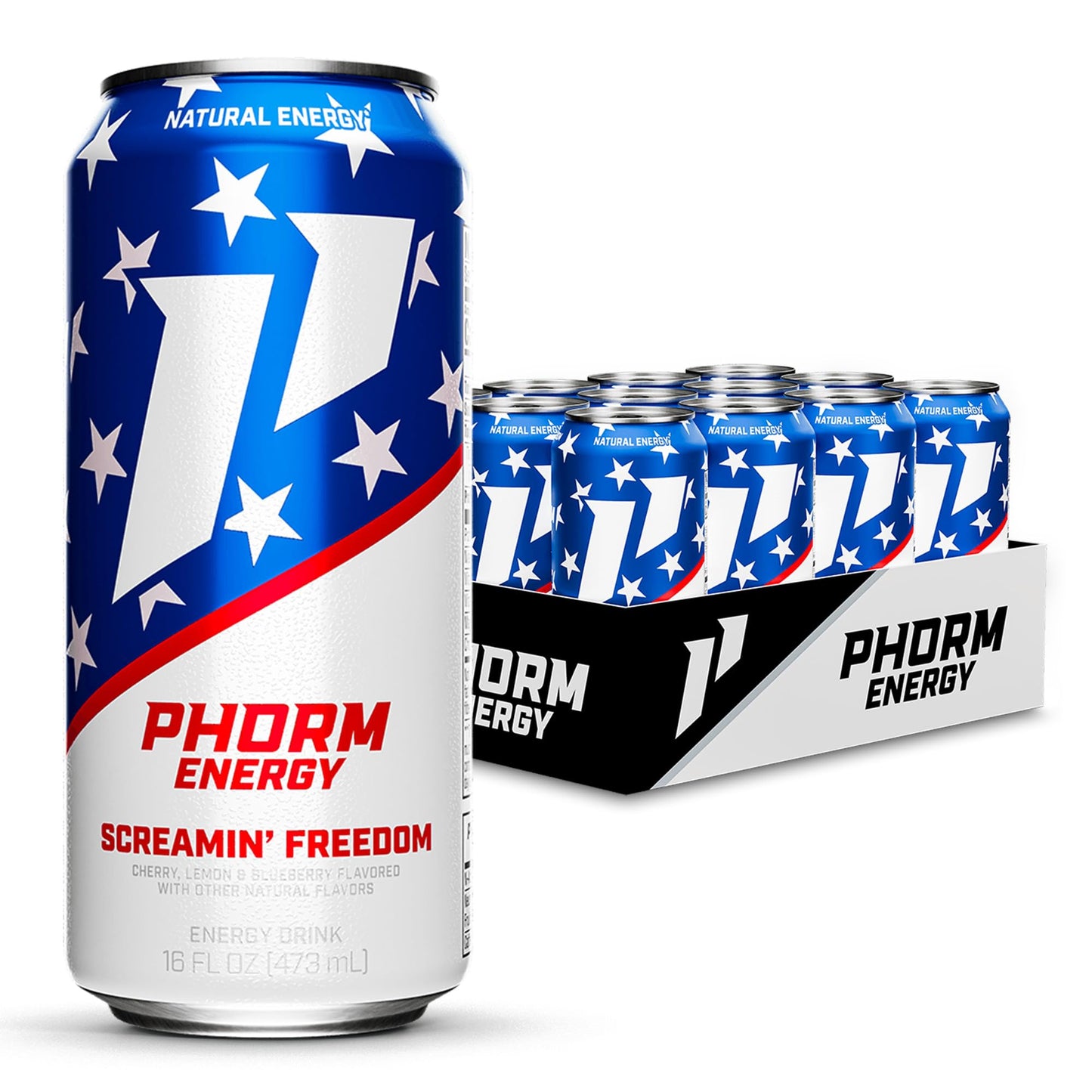 Phorm Energy Drink  Screamin Freedom Flavor  200 MG Natural Caffeine From Green Tea  Sugar Free Carbonated Drink With Electrolytes & Vitamin B12  Dairy & Gluten Free  Vegan  16 FL Oz Cans  12 Pk