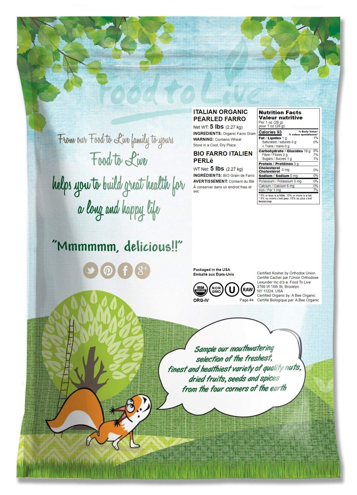 Food to Live Organic Italian Pearled Farro, 5 Pounds - Non-GMO, Kosher, Vegan, Whole Farro Grain in Bulk, Good Source of Fiber a