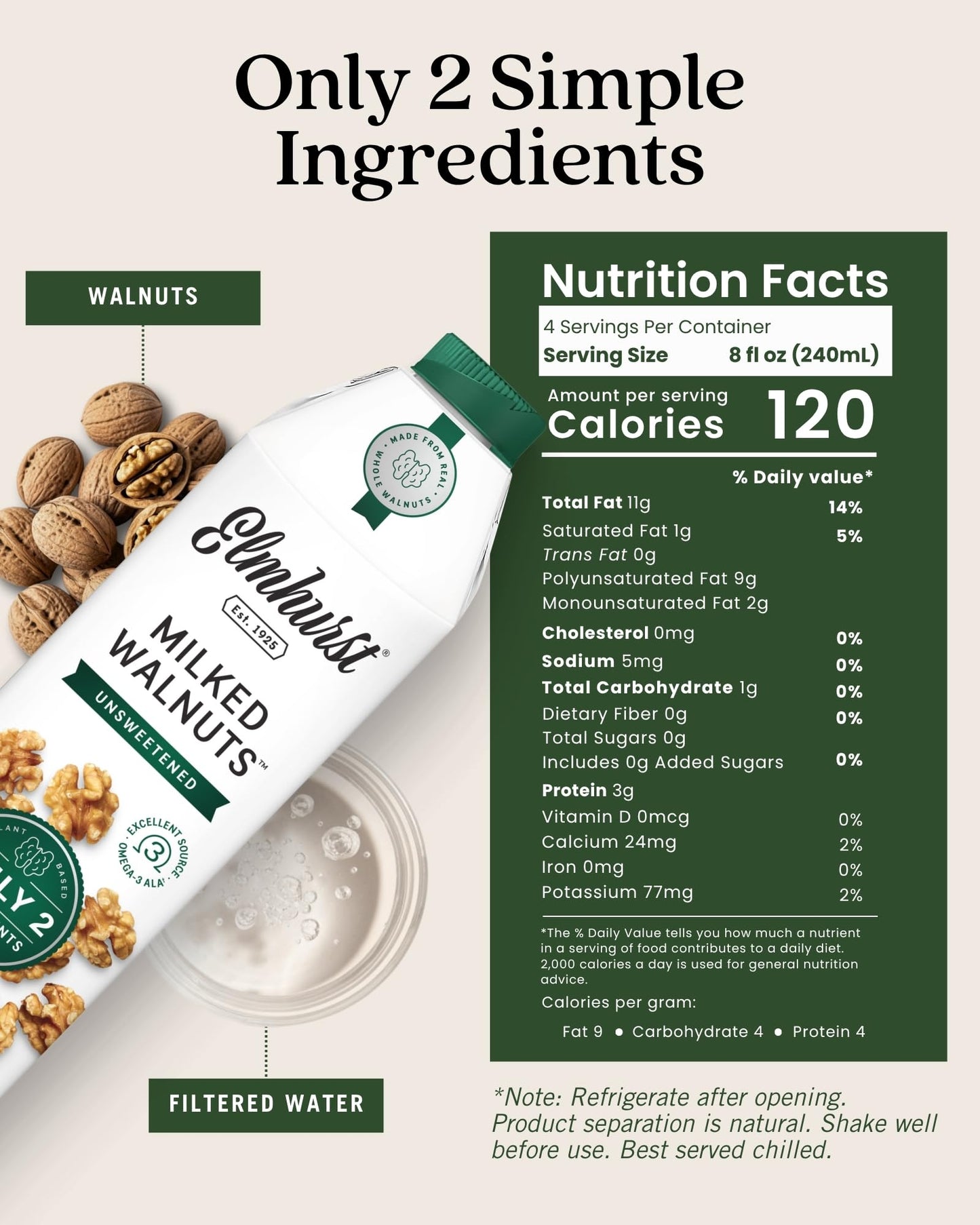 Elmhurst Unsweetened Walnut Milk, Dairy Free, Vegan, 32 Ounce (Pack of 6)