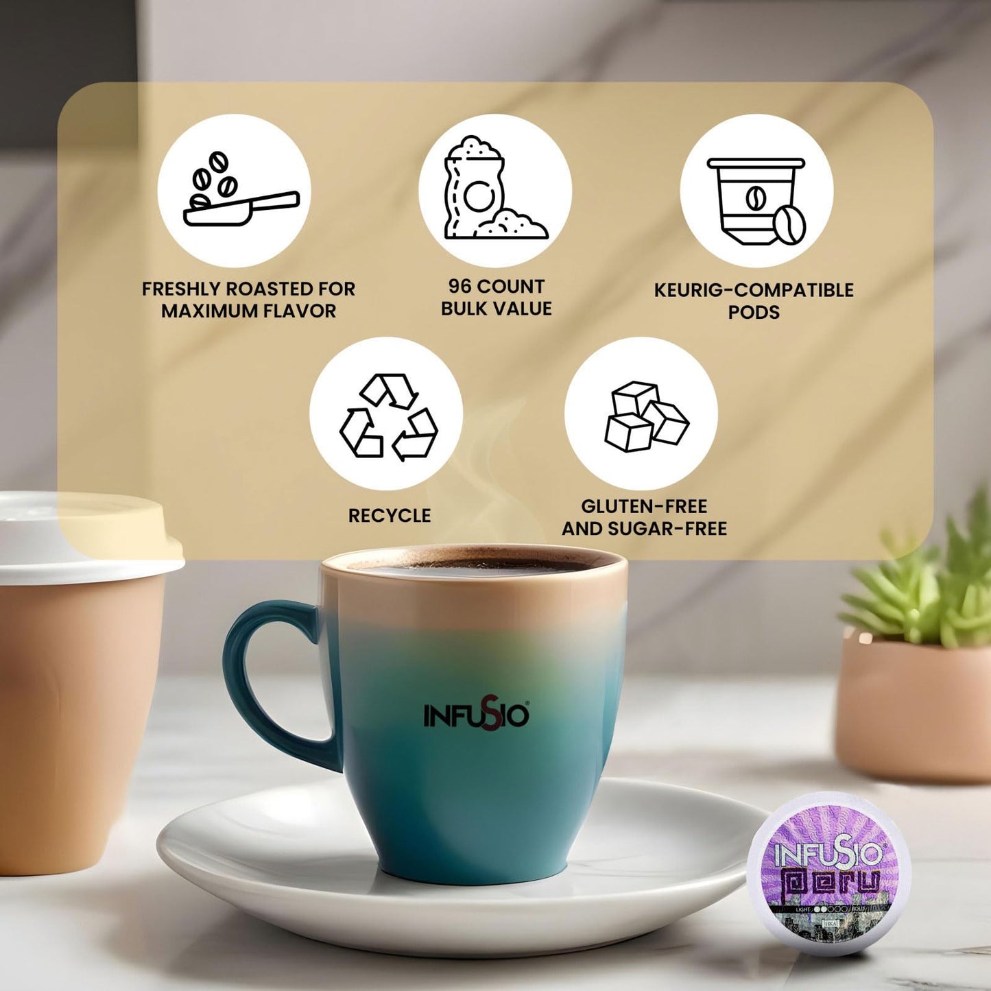 InfuSio Coffee Pods 96 Count, Medium Light Roast, Single Serve for Keurig K Cup® malt-inspired