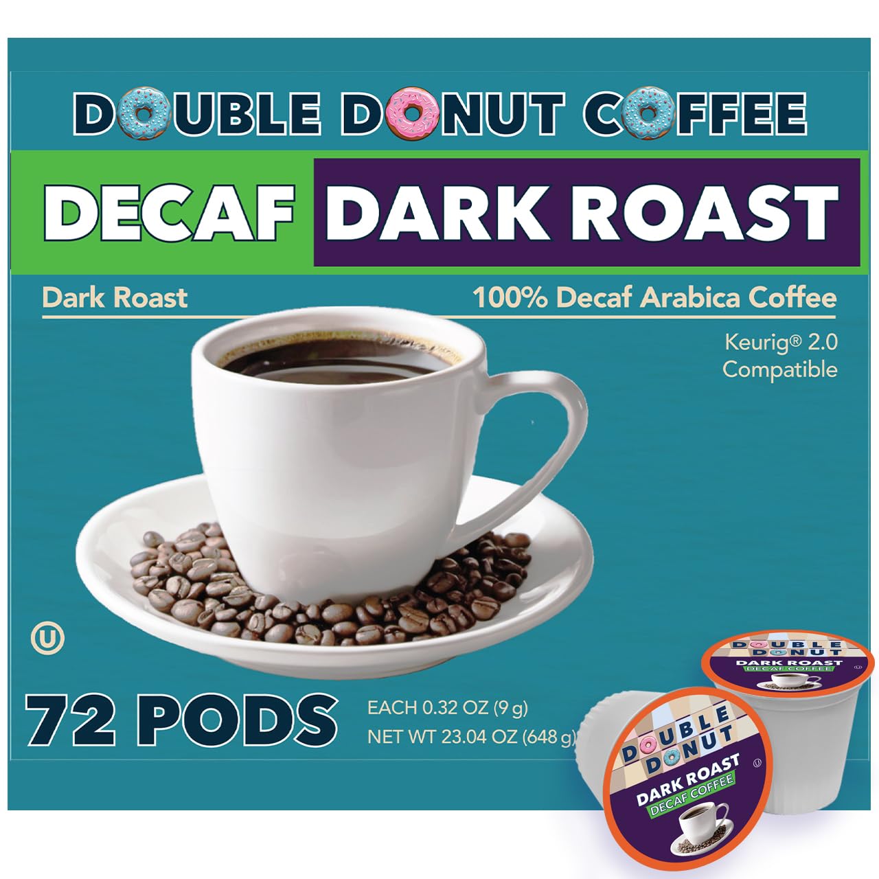 Double Donut Coffee Decaf Extra Bold Blend Dark Roast Pods, 72 Count, Compatible with Keurig K Cups