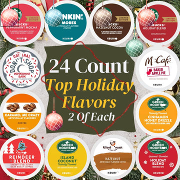 Top Holiday Blends K-cups Sampler  Includes Peppermint Mocha  Holiday Blend  Smores  Reindeer  Island Coconut  Baked Apple Pie  Peppermint Bark  Caramel Me Crazy  Hazlnut Cocoa  (Great For Gifting)