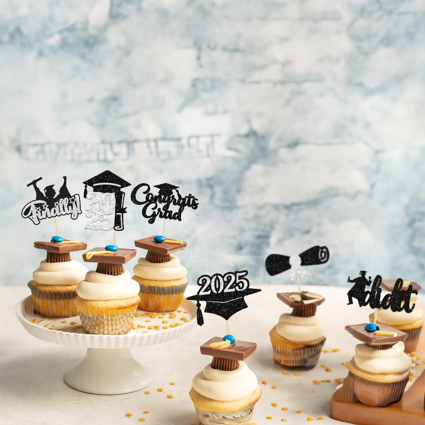 Gyufise 24Pcs Graduation Cupcake Toppers 2025 Silver Glitter Class Of 2025 Cupcake Toppers Supplies Diploma I Did It Congrats Gr