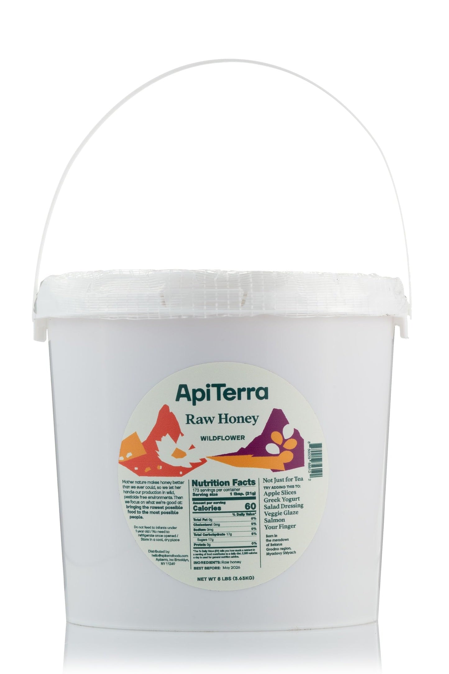 Apiterra - Raw Honey Bulk 8 Lbs Bucket Unfiltered Unpasteurized 100% Pure And Natural Wildflower Raw Honey