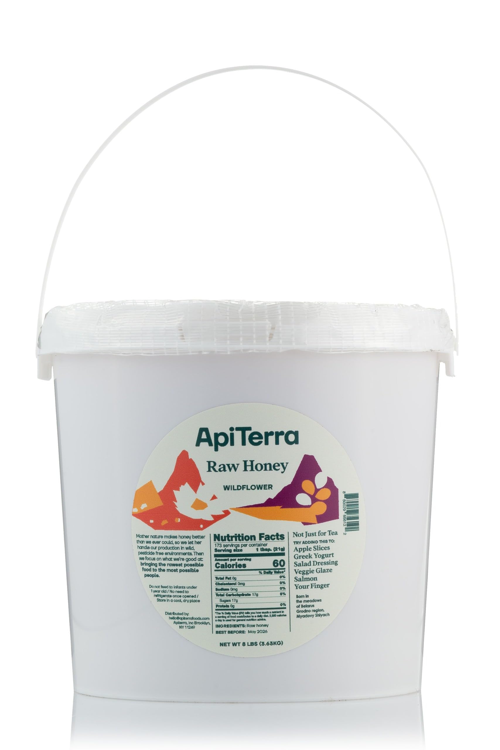 Apiterra - Raw Honey Bulk 8 Lbs Bucket Unfiltered Unpasteurized 100% Pure And Natural Wildflower Raw Honey
